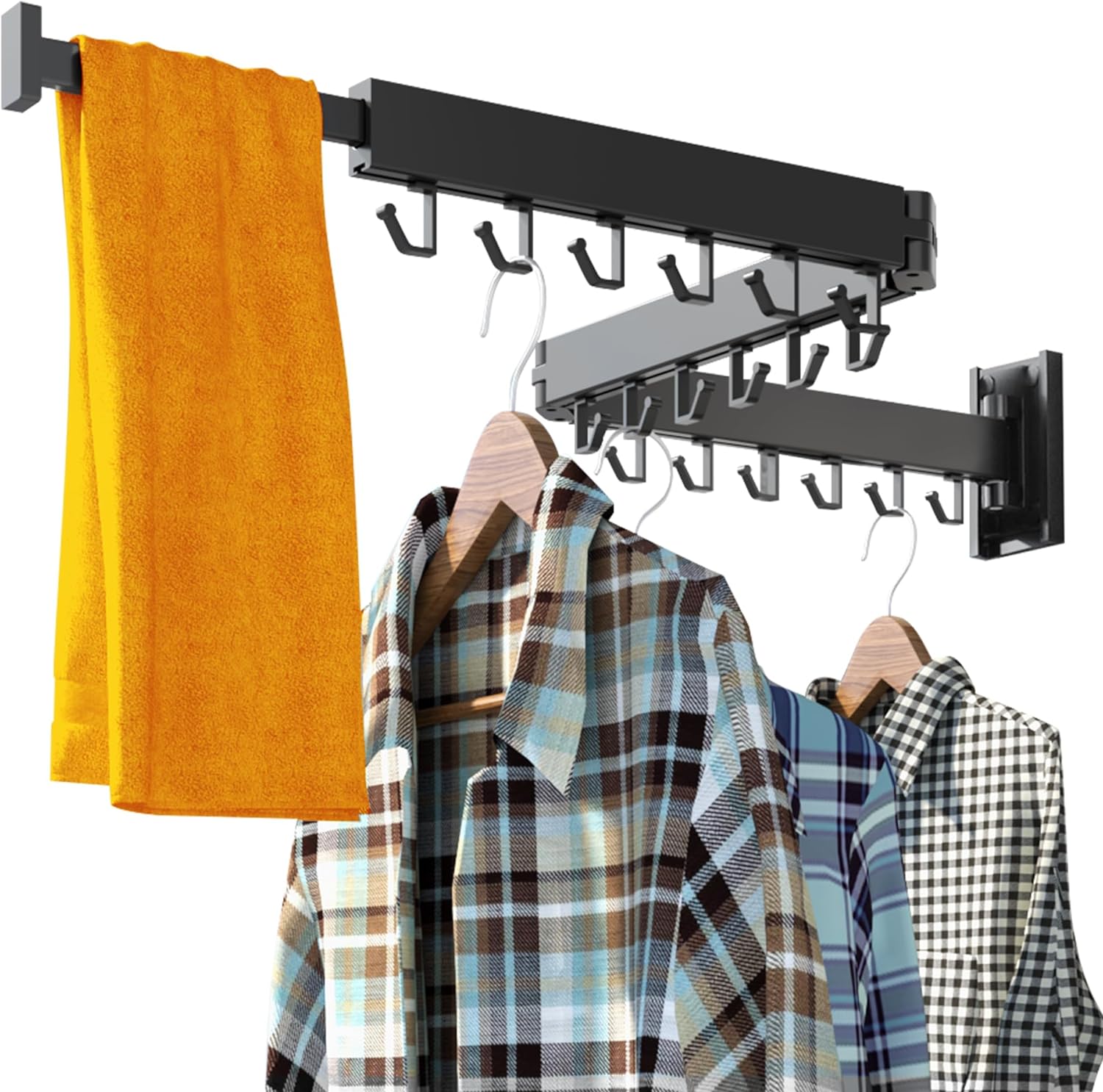 Detalle de HEILAIYI J shape Wall-Mounted Drying Rack, 3 Poles, 18 Hooks, Folding Metal
