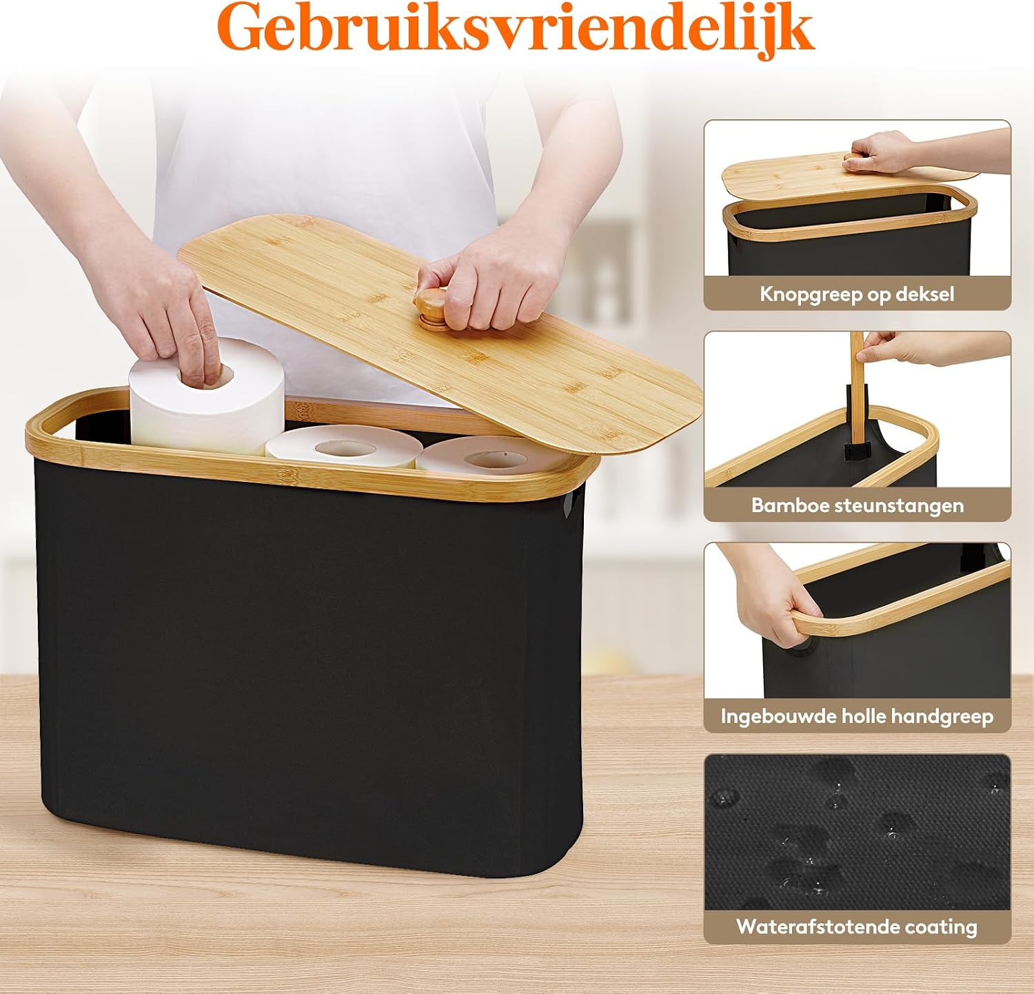 Detalle de Lifewit 23225 toiletpapiermand van bamboe, 23L, zwart met deksel