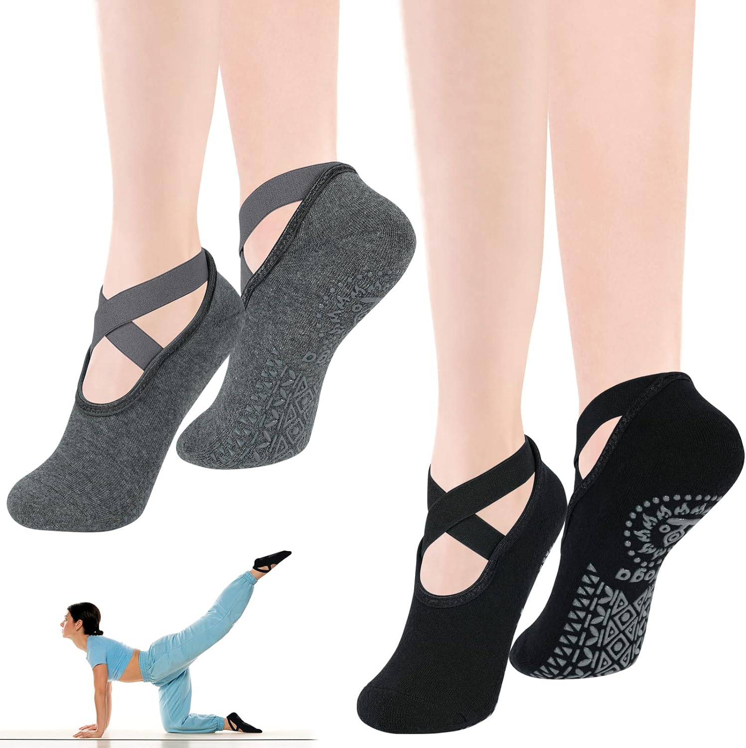 flintronic Calzini antiscivolo yoga donna con cinturino incrociato per pilates, balletto e danza