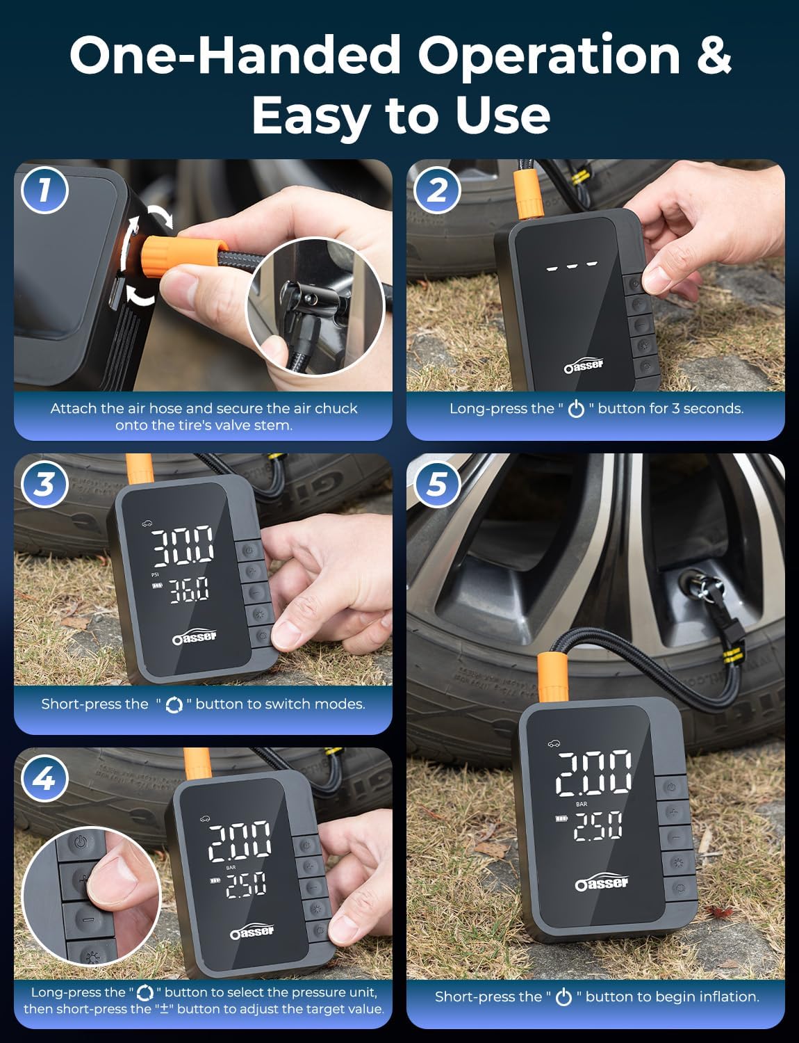 Thumbnail 5 de Oasser Car Tyre Inflator Wireless 6000mAh Mini Air Compressor – Compact, 150 PSI with LED Light