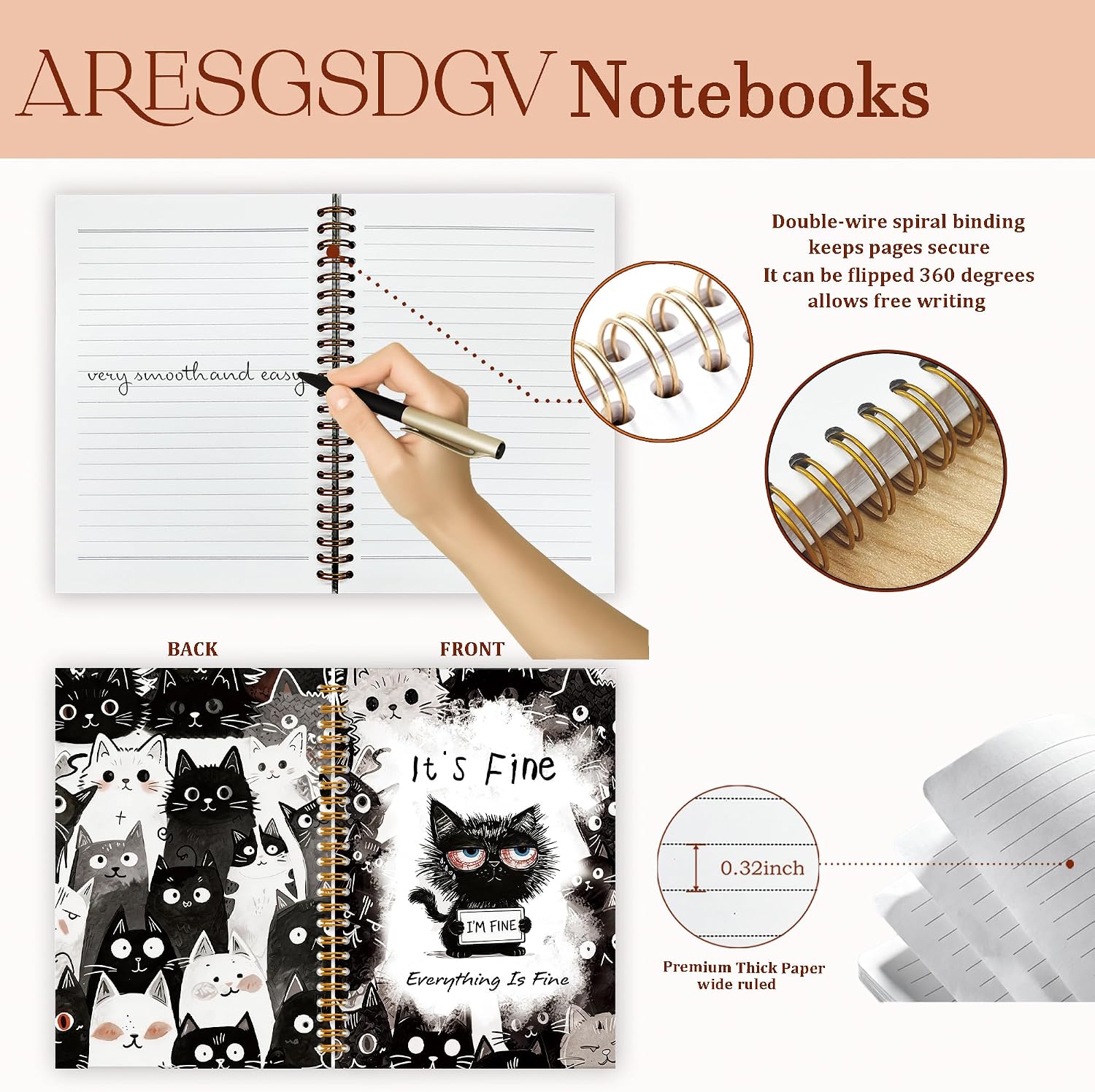 Detalle de ARESGSDGV Funny Black Cat Notebook, 5.5 x 8.3 in, 160 Pages, Hardcover