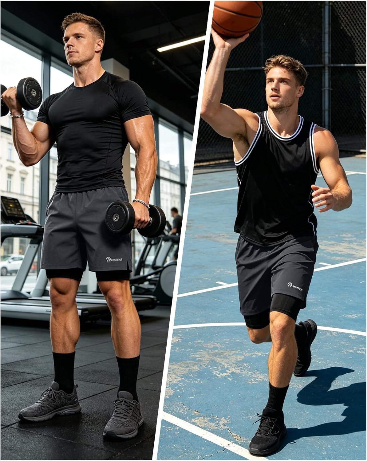 Detalle 2 de HMIYA Herren 2-in-1 Fitness-Shorts mit Kompressionsunterzieher und Reißverschlusstasche