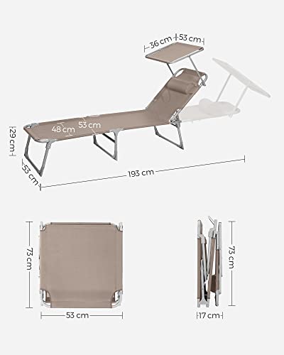 Thumbnail 2 de SONGMICS tumbona plegable con parasol y respaldo reclinable (193 x 53 x 29 cm, 150 kg) color topo