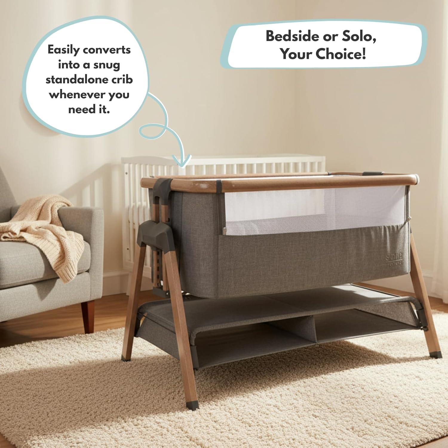 Detalle 2 de Venture Sona Bedside Crib adjustable co‑sleeper bassinet for 0–6 months