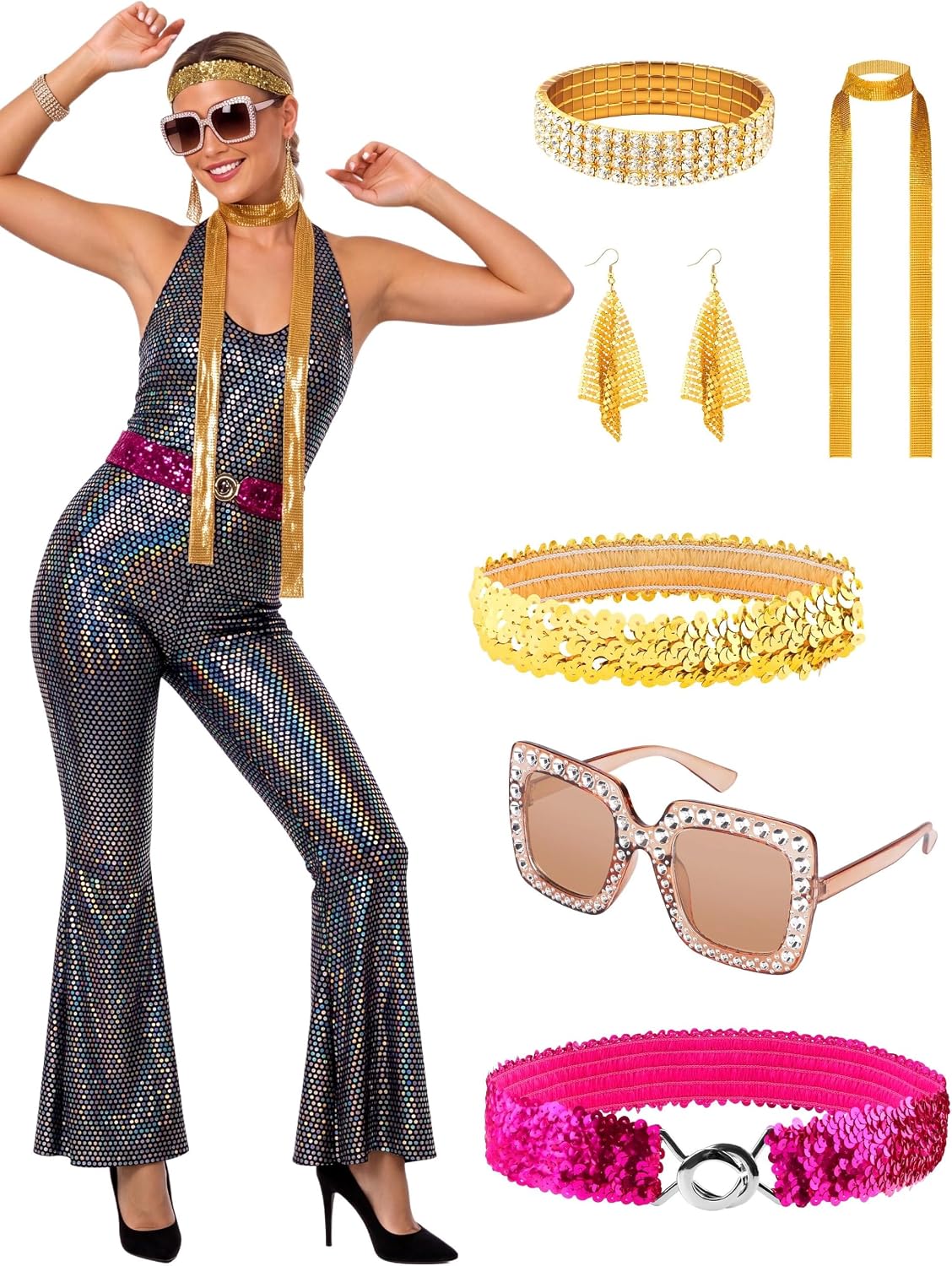 Detalle de SOMSOC 70s Disco Jumpsuit Costume with Sequins and Matching Accessories