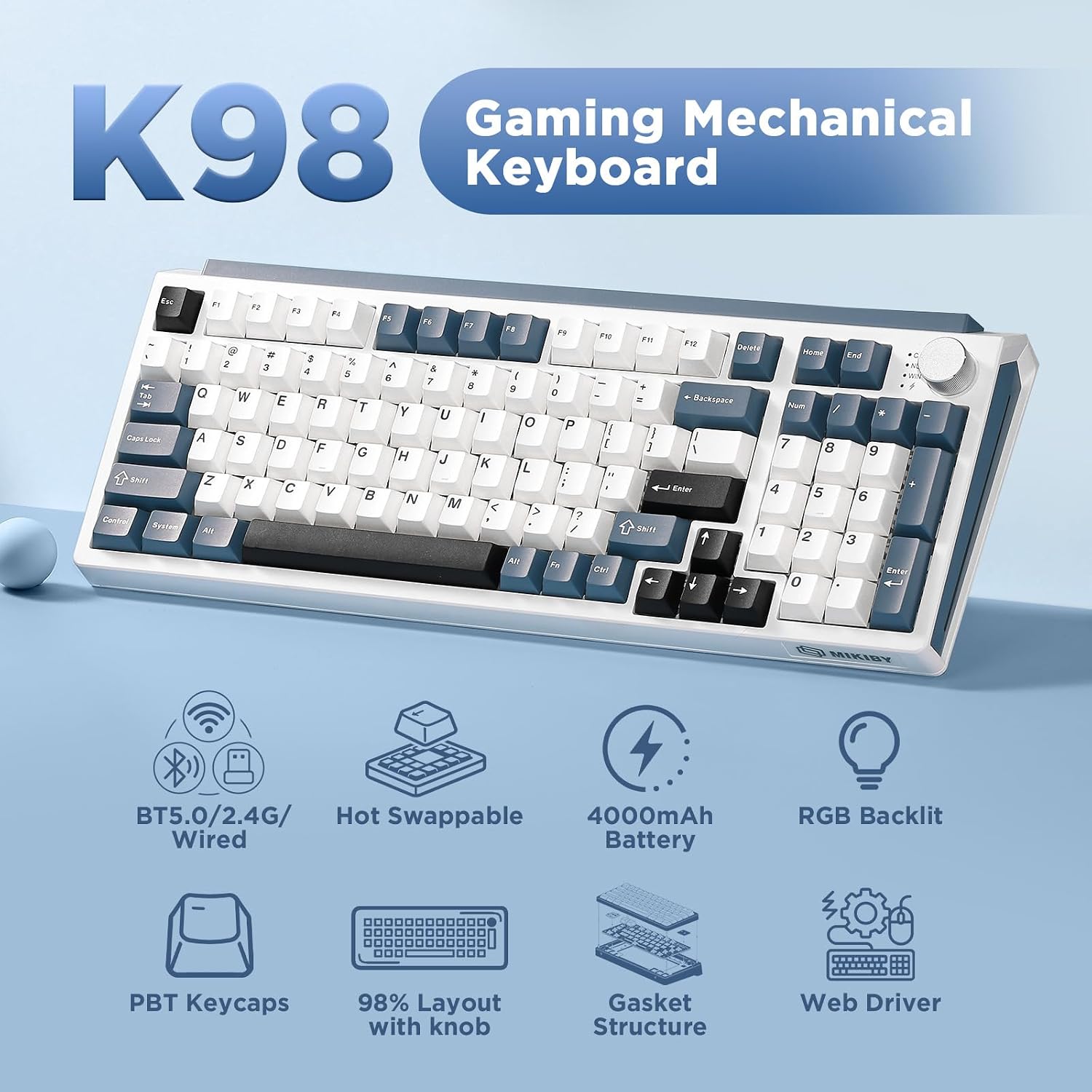 Detalle 2 de MIKIBY K98 Wireless Mechanical Keyboard, Tri-Mode, Hot-Swappable RGB