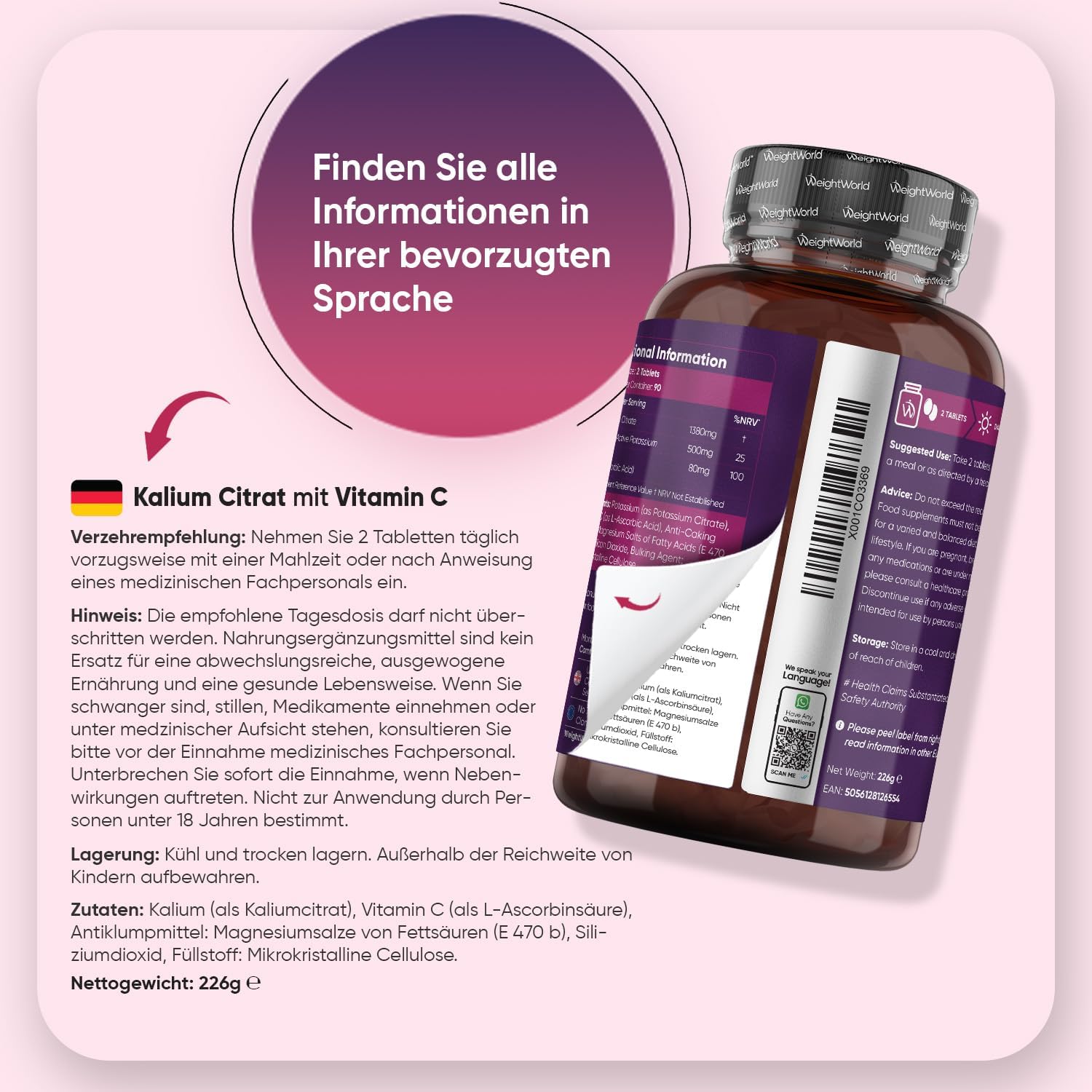 Thumbnail 3 de Kalium Tabletten mit Vitamin C (Kaliumcitrat & L-Ascorbinsäure) von WeightWorld – 180 vegane Tabletten