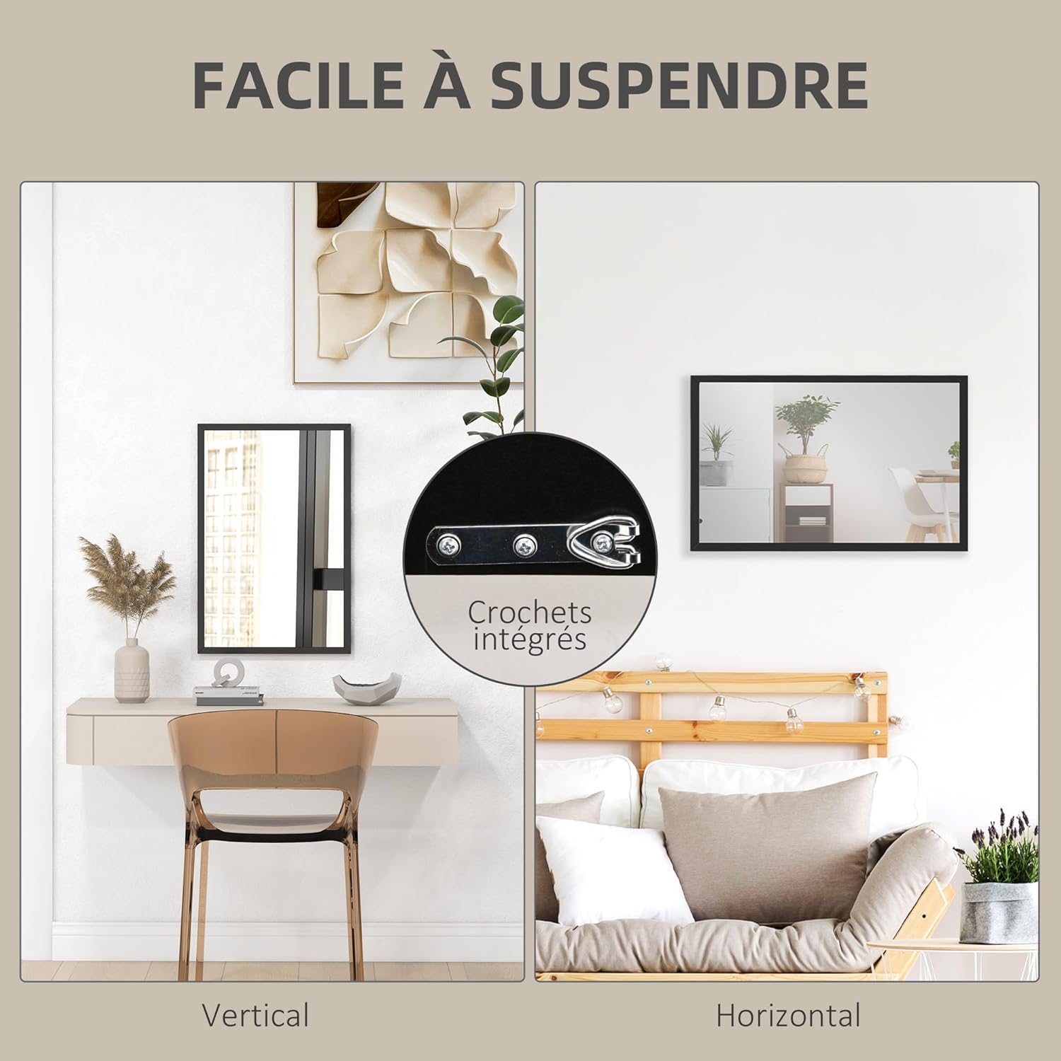 Detalle 2 de HOMCOM Miroir mural rectangulaire 60 x 40 cm – Cadre noir en MDF, idéal salle de bain, salon ou chambre