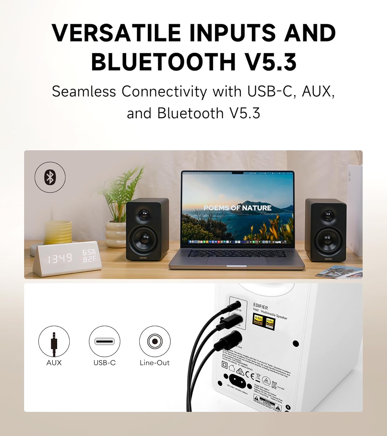 Thumbnail 6 de Edifier M60 Compact Desktop Speakers 2.0 (Bluetooth 5.3, LDAC, 66W RMS) with USB‑C and AUX inputs – Black
