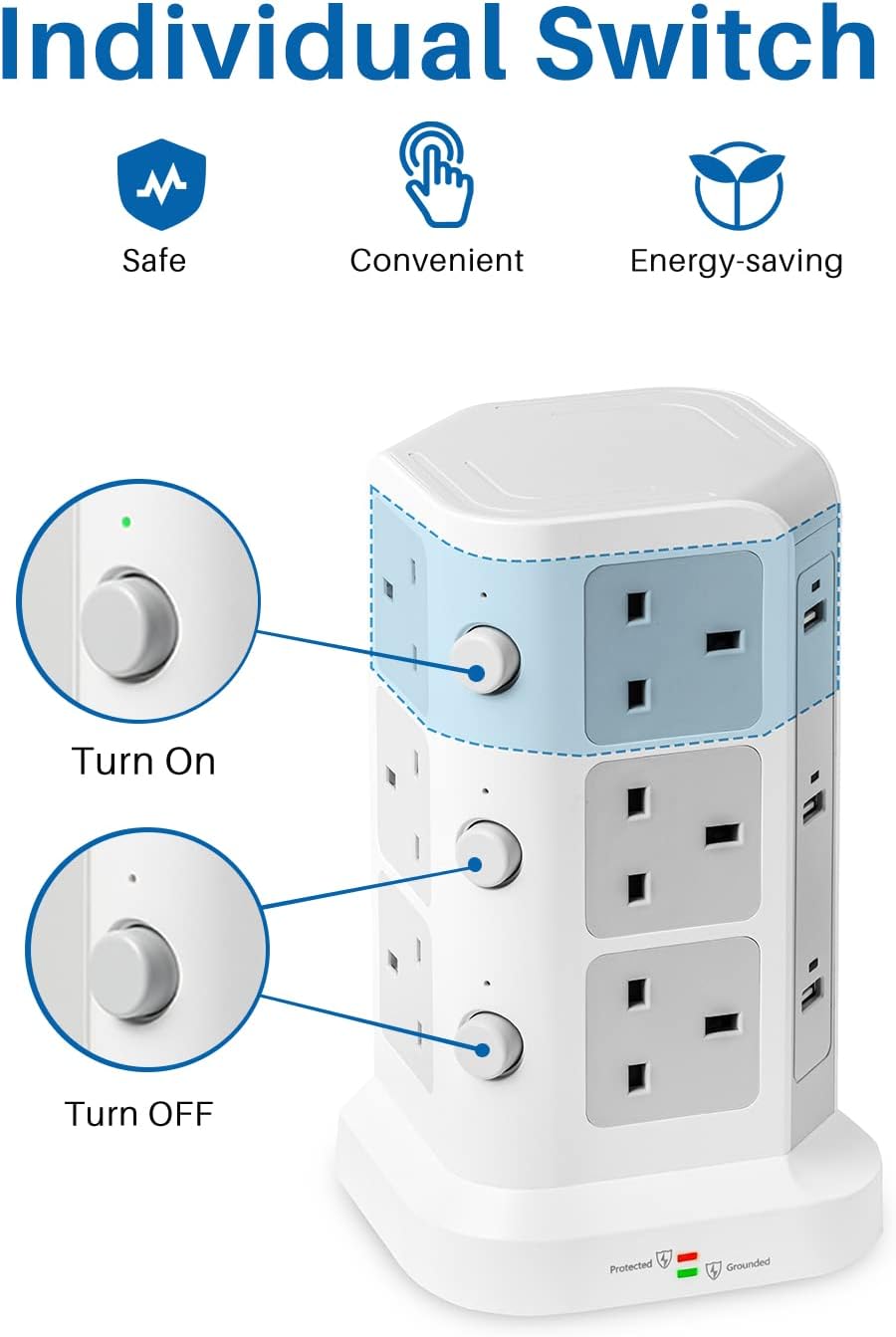Thumbnail 2 de KOOSLA Tower Extension Lead: 12 AC Outlets, 6 USB Ports, 2m Cable, 13A – A Practical All‑in‑One Charging Hub