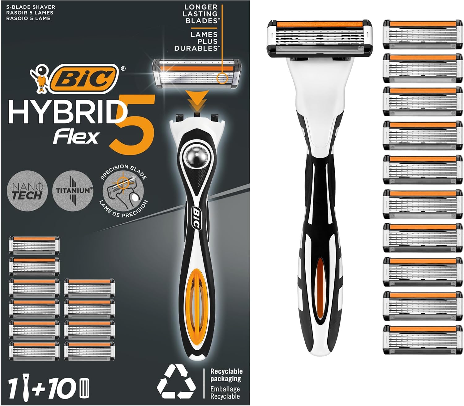Detalle de Rasoio BIC Hybrid 5 Flex: 1 manico e 10 ricariche con lame di precisione