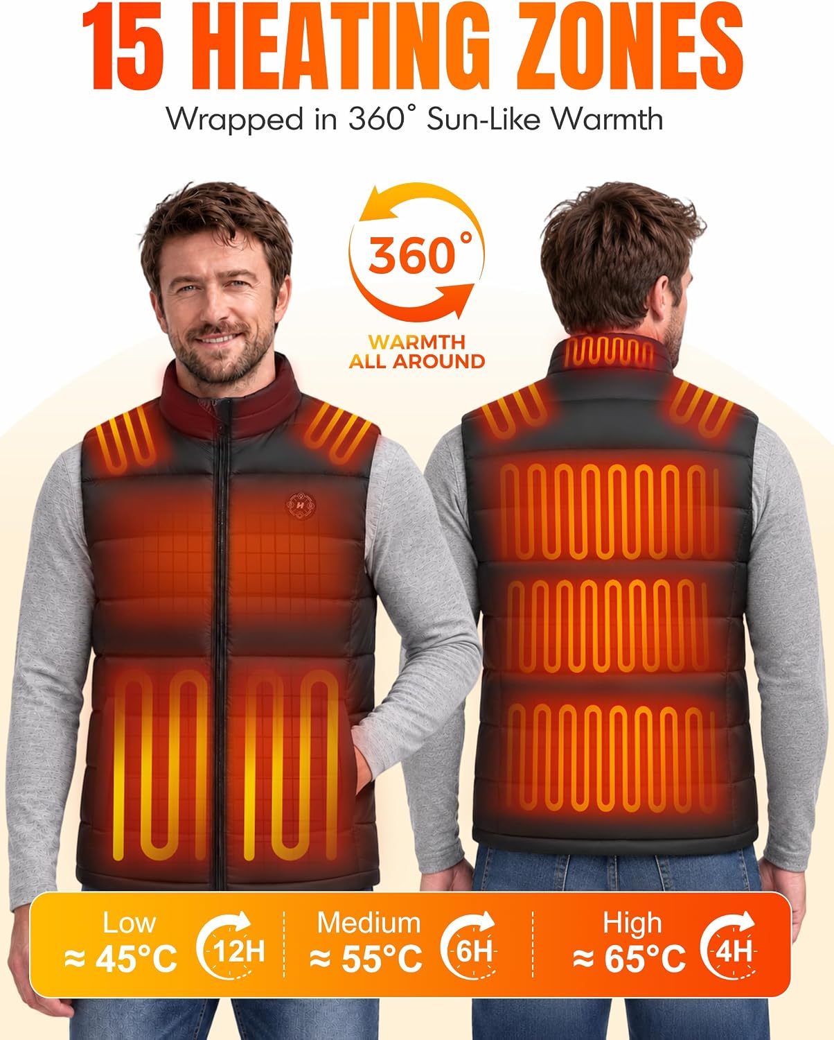 Detalle 2 de HOOHEAT Men's Heated Vest with 15 Heating Zones and 16,000mAh Battery Pack