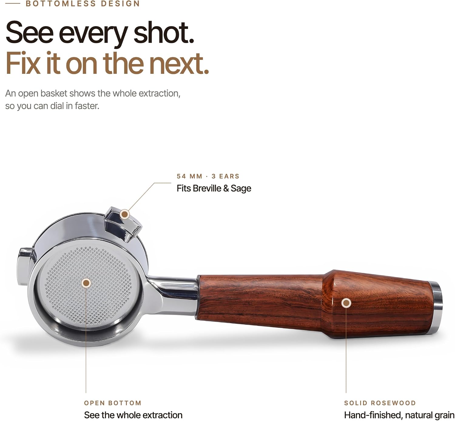 Detalle 2 de KNODOS KNODOS001W 54 mm Bottomless Portafilter with Rosewood Handle