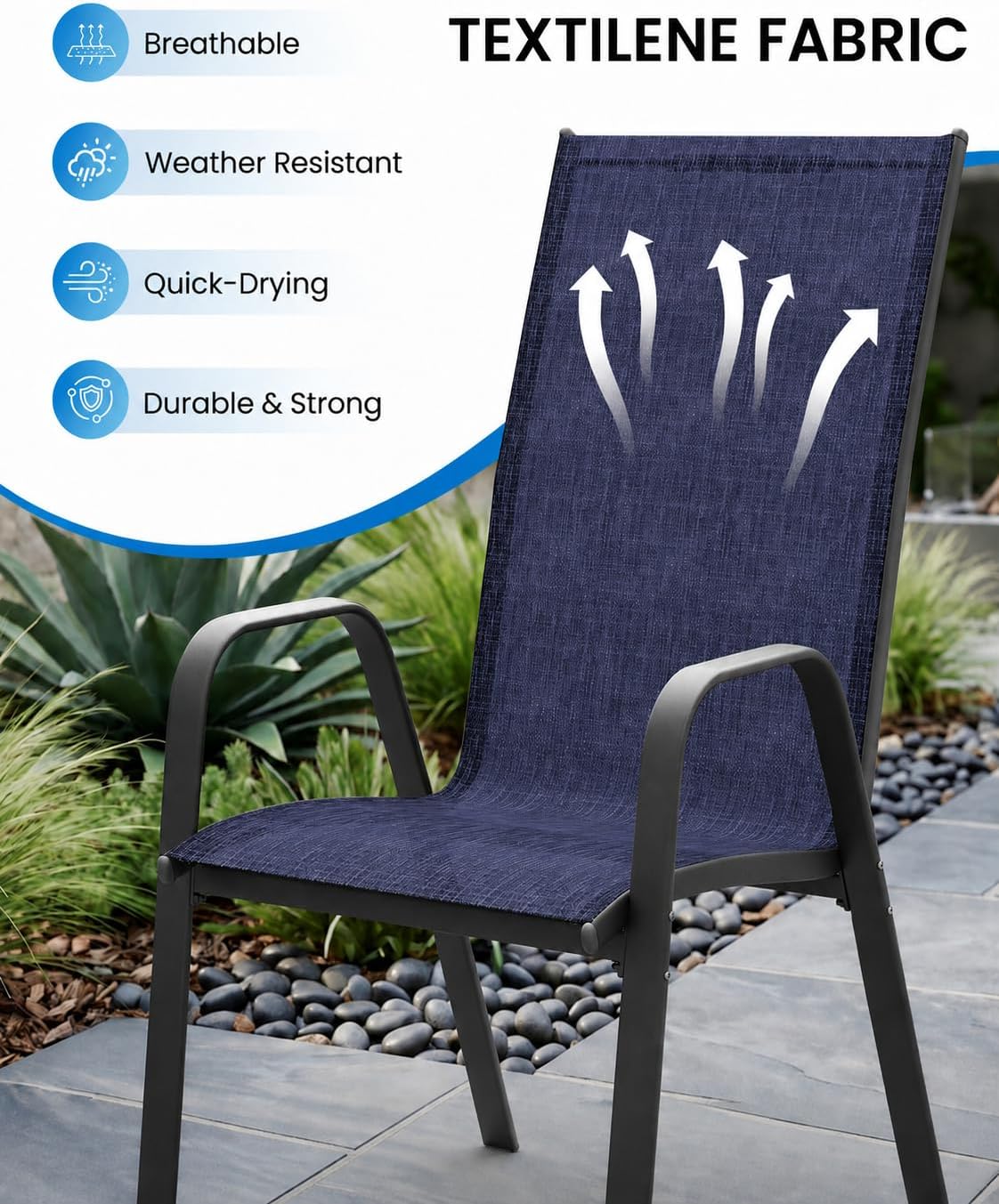 Thumbnail 3 de Outvelar Set of 4 Patio Dining Chairs, Navy Blue Textilene, Stackable, 20-Inch-Wide Seat