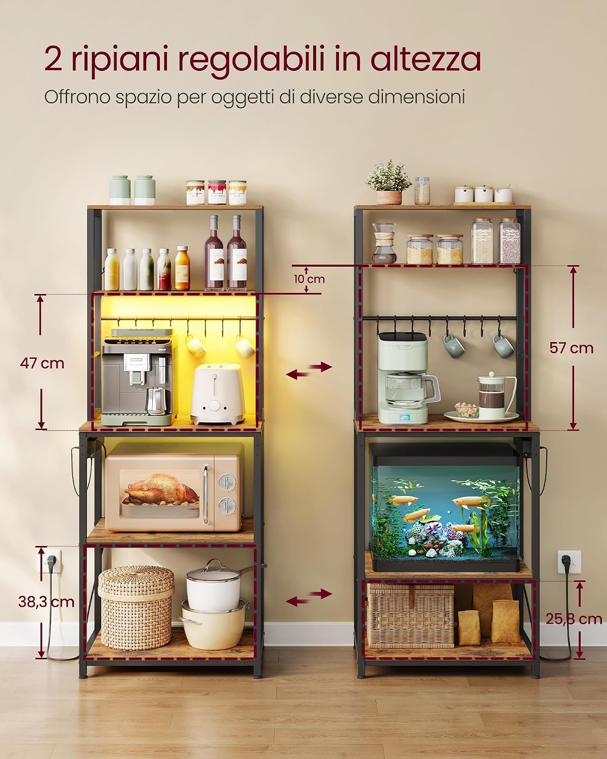 Thumbnail 2 de VASAGLE Scaffale da Cucina con LED KKS049KD01 – 40 x 60 x 168,4 cm, Marrone Vintage/Nero Opaco