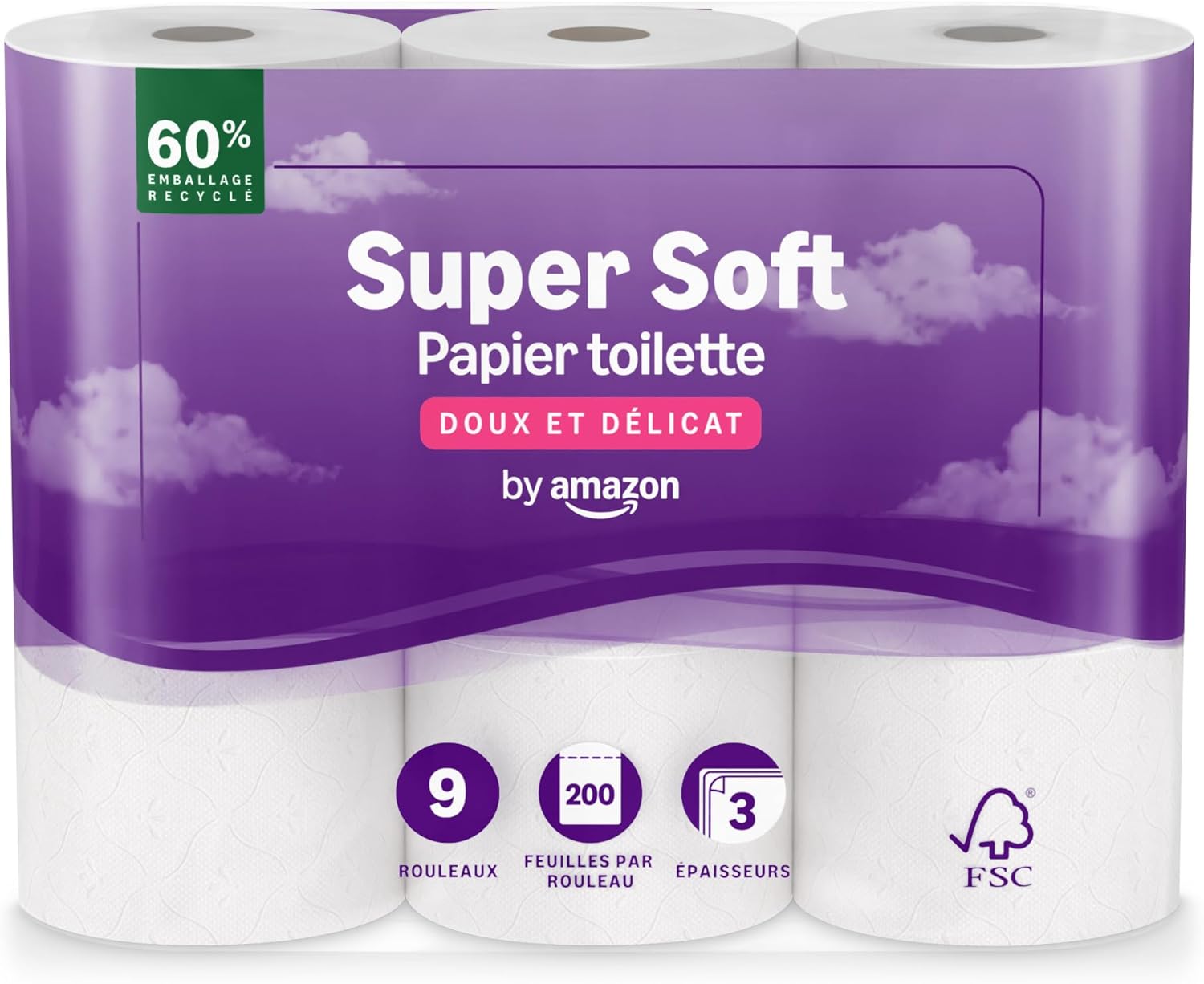 By Amazon Papier Toilette 3 Épaisseurs Matelassé – 9 Rouleaux, FSC, Doux et Soyeux