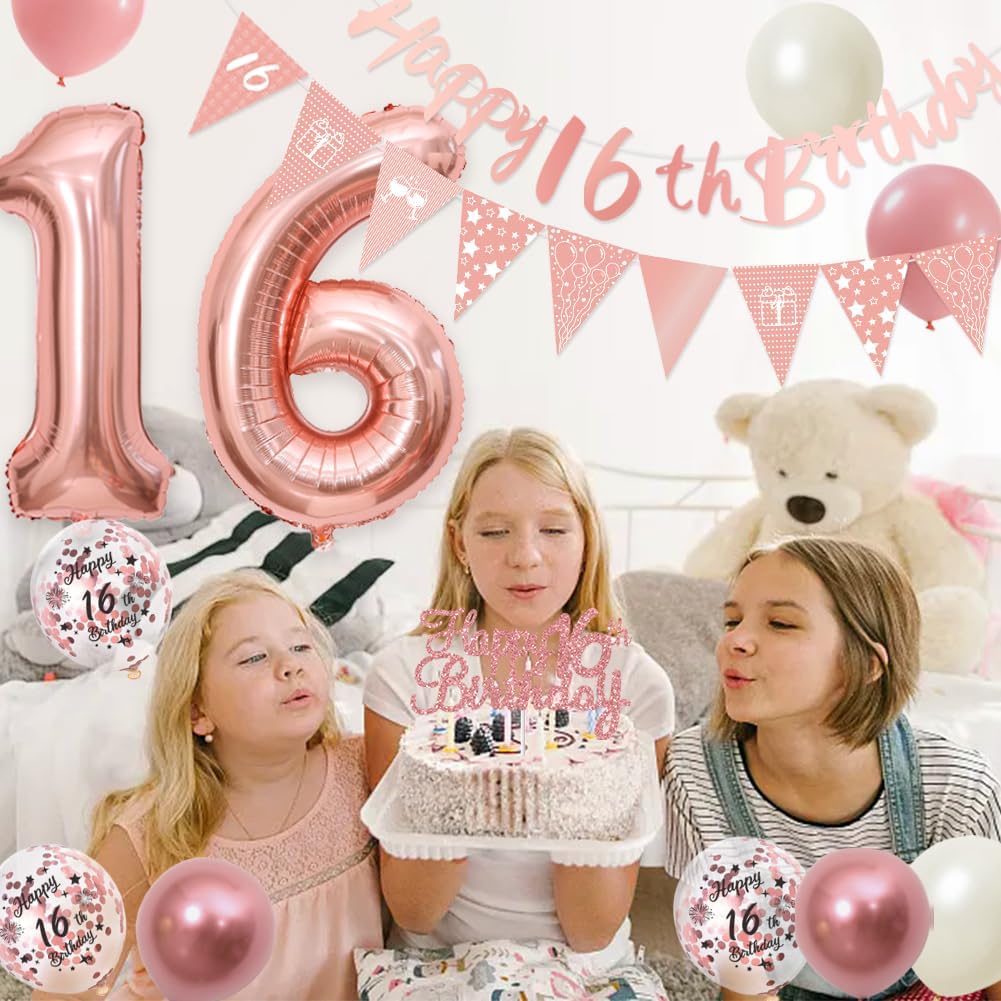 Thumbnail 6 de 16th Birthday Decorations Retro Pink Rose Gold set (Double Digits) – banner, pennant flags, cake topper & balloon assortment