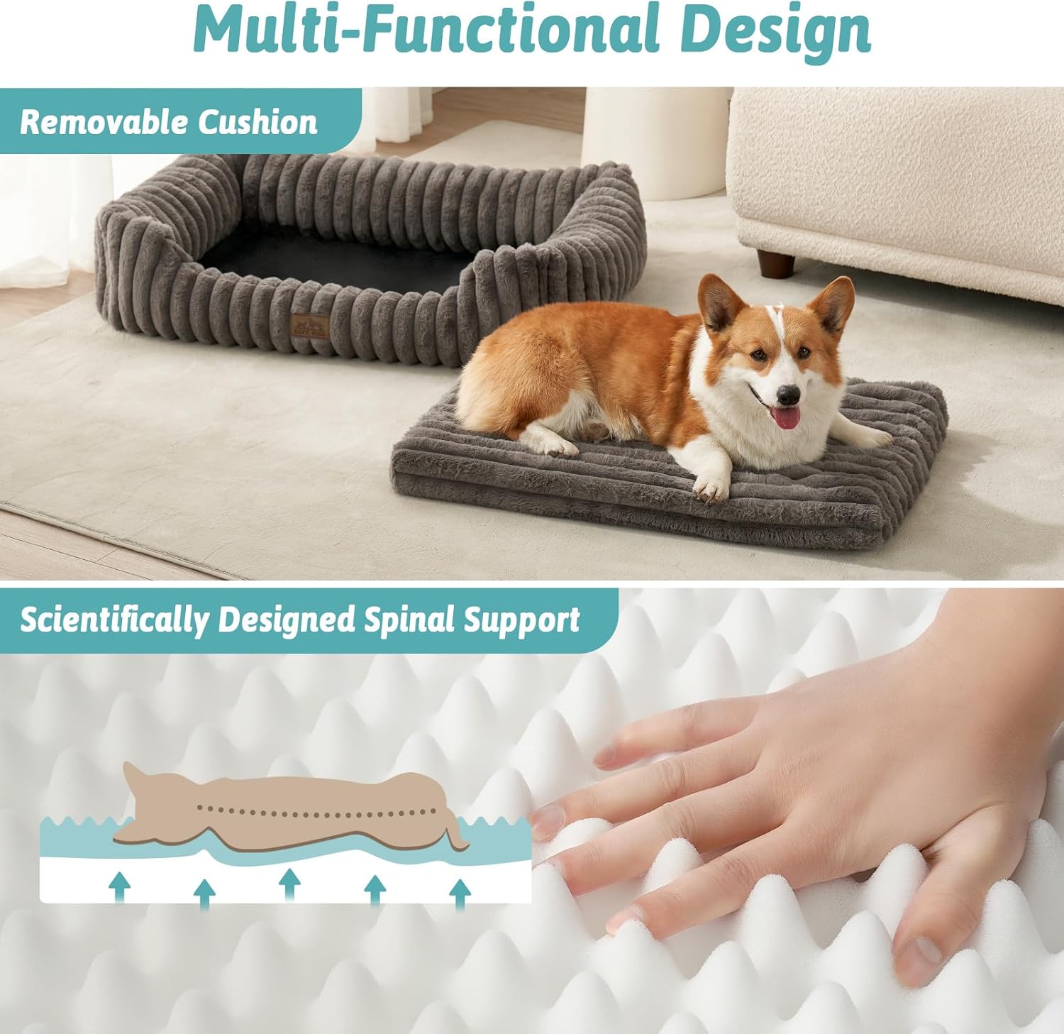 Thumbnail 2 de COZY KISS Large Orthopedic Dog Bed (35x25x8 inch) in Grey – faux fur rectangle sofa with raised edges