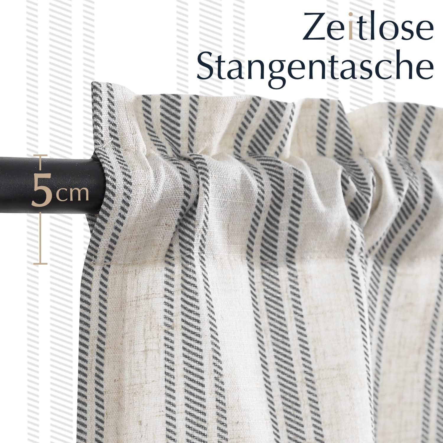 Detalle 2 de Vangao Lot de 2 rideaux brise-bise à rayures aspect lin 65 x 90 cm avec passe-tringle
