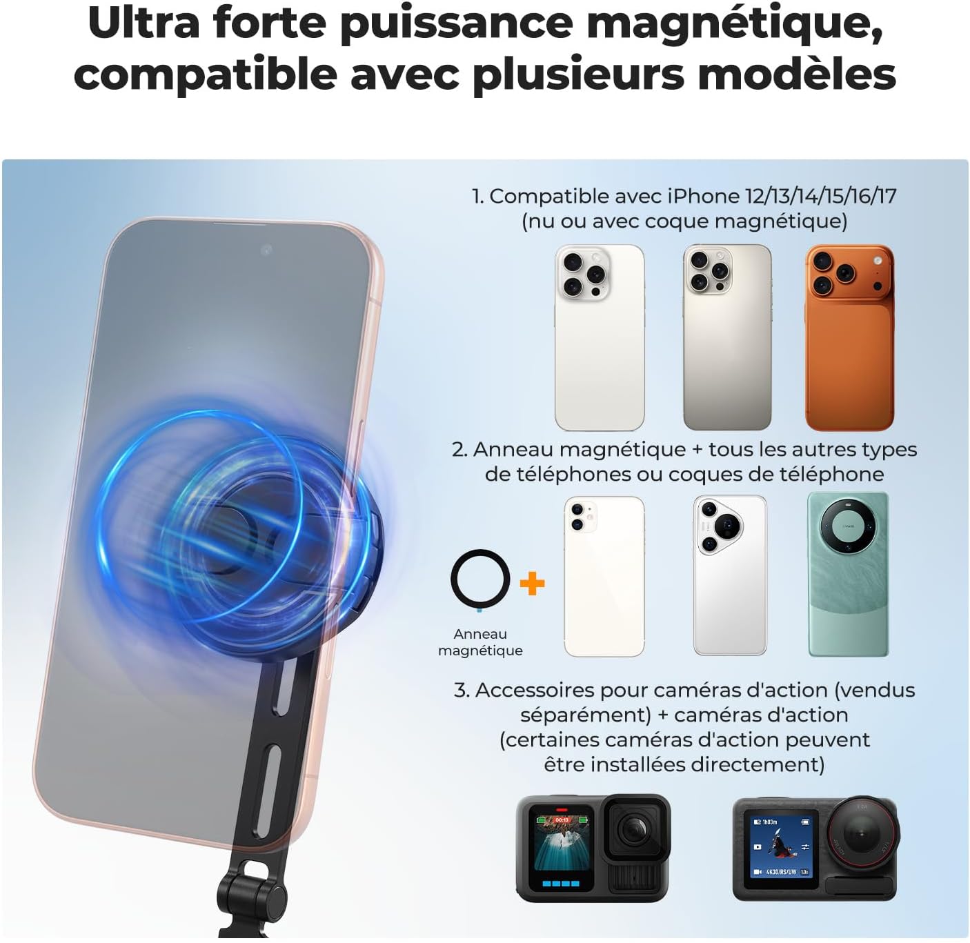 Detalle 2 de K&F CONCEPT 2 en 1 Support Cou Téléphone Magnétique + Clip — POV/Blog pour iPhone et Android