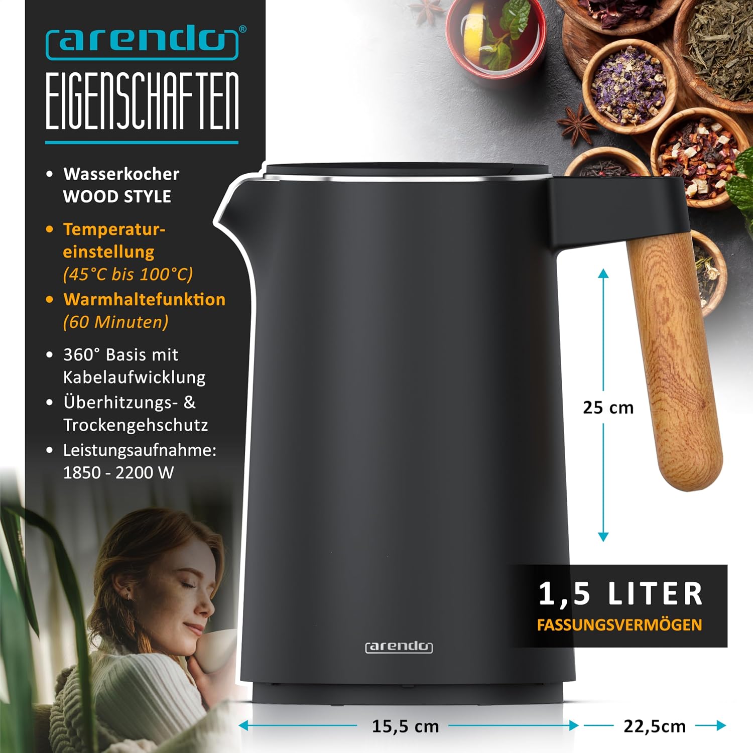 Detalle 2 de Arendo Wasserkocher Edelstahl 1,5 L
