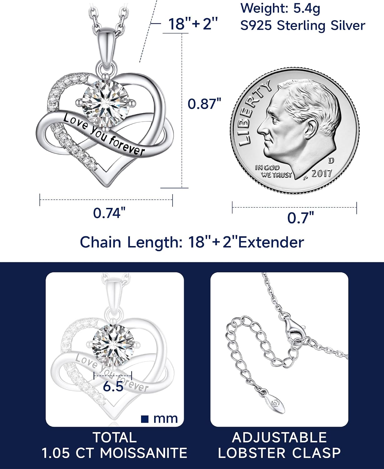 Thumbnail 5 de MomentWish Unendlichkeitszeichen Kette mit Moissanit (1 Karat) – Silber 925 Infinity Schmuck mit Herz