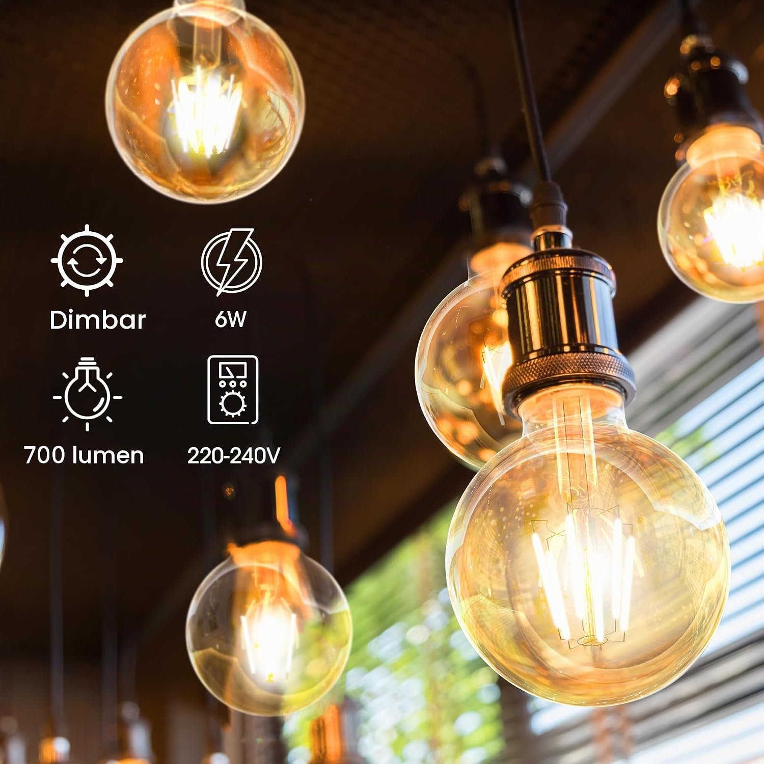 Detalle de WEDNA G80 E27 LED-lampa, 6 W, dimbar med bärnstensfärgat glas