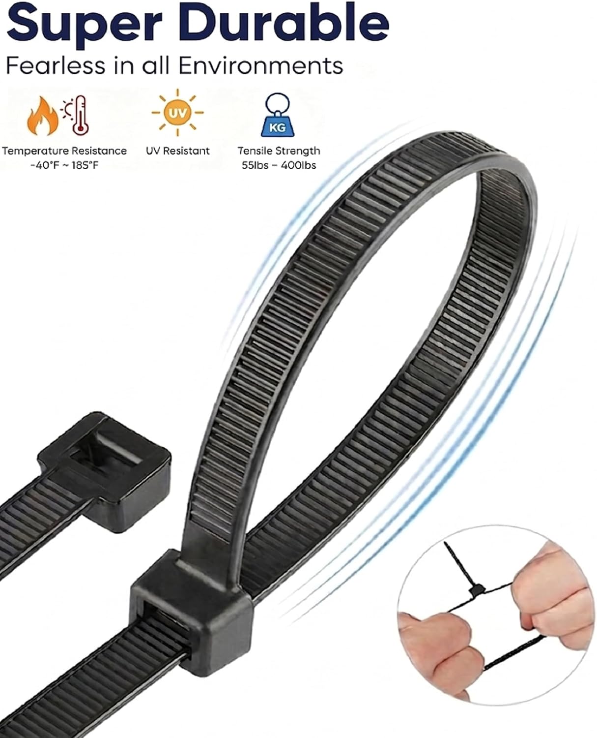 Detalle de WLEAD Nylon 66 Cable Ties, Black, UV-Resistant, Self-Locking Assorted Lengths
