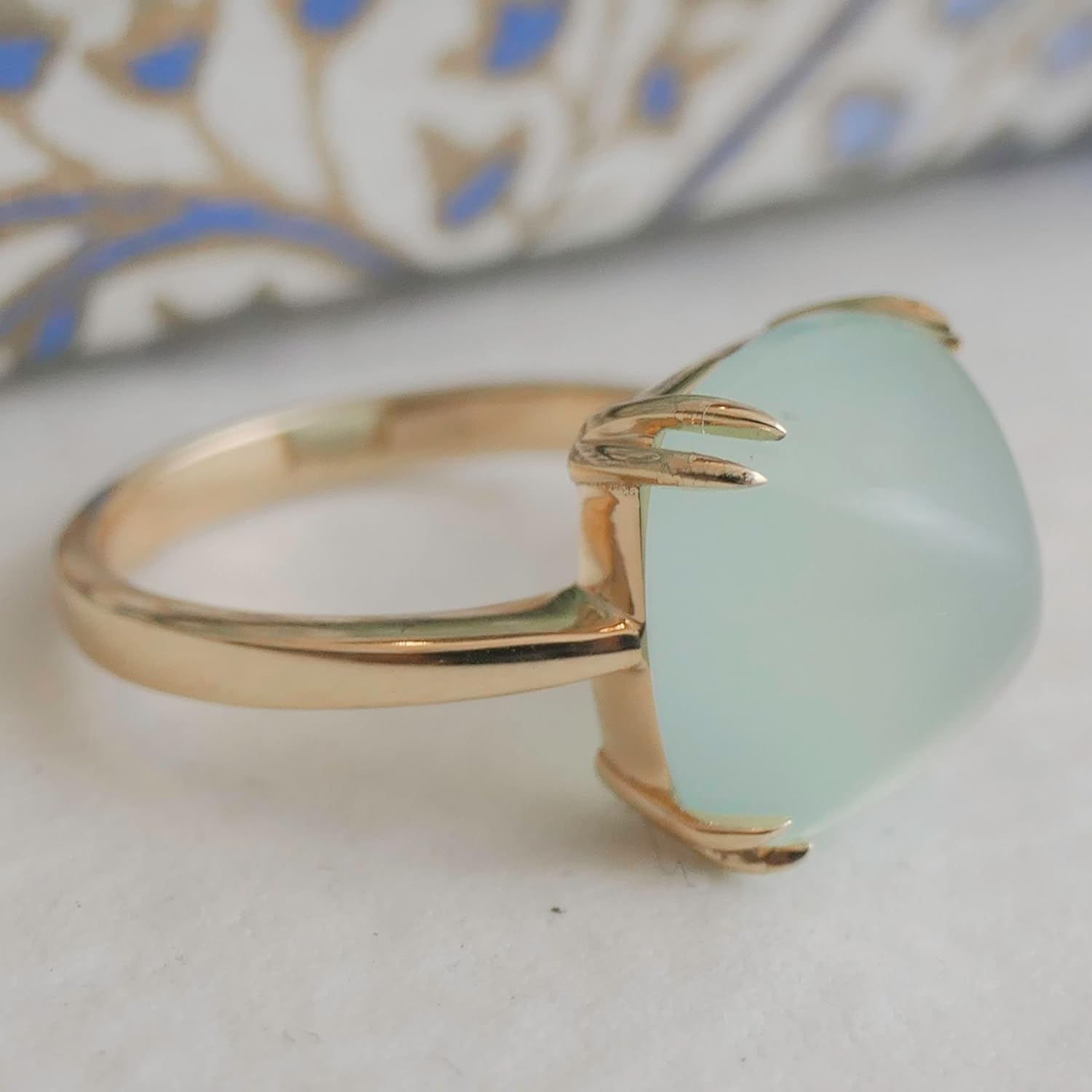 Thumbnail 6 de Aqua Chalcedon Sugar Loaf Ring aus Sterling Silber vergoldet – handgefertigter Schmuck für Damen (US-Größe 7 / Ø 17,3 mm)