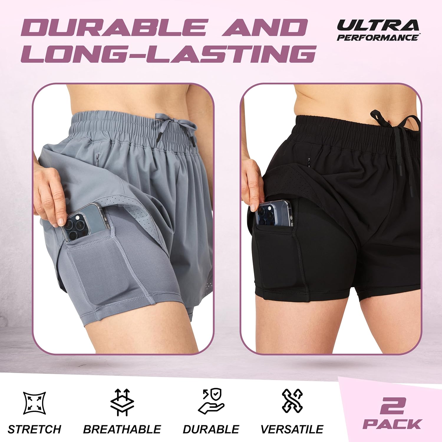 Thumbnail 4 de Ultra Performance Women's Running Gym Shorts (2-Pack) with Inner Compression and Built-In Phone Pocket