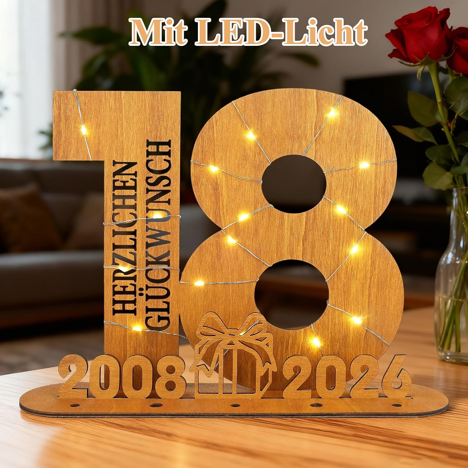 Detalle de ARTREE Geldgeschenk zum 18. Geburtstag 2026 aus Holz mit LED-Lichterkette, Gästebuch-Schild & Tischdeko