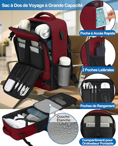 Detalle de KLOSTAIN Sac à Dos Voyage Cabine Avion 45x36x20 cm – 30 L, 14'' PC, Rouge