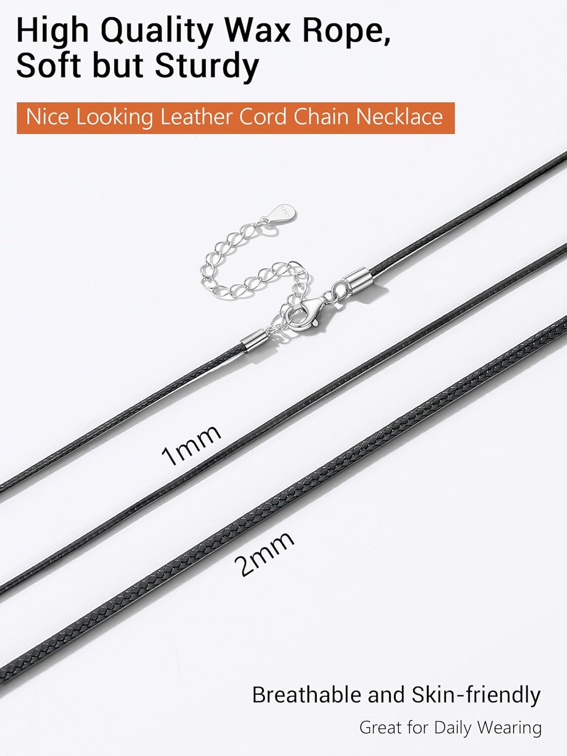 Thumbnail 6 de PROSILVER Collier Cuir Noir avec Fermoir Argent 925 – Longueurs 41 à 71 cm, cordon fin