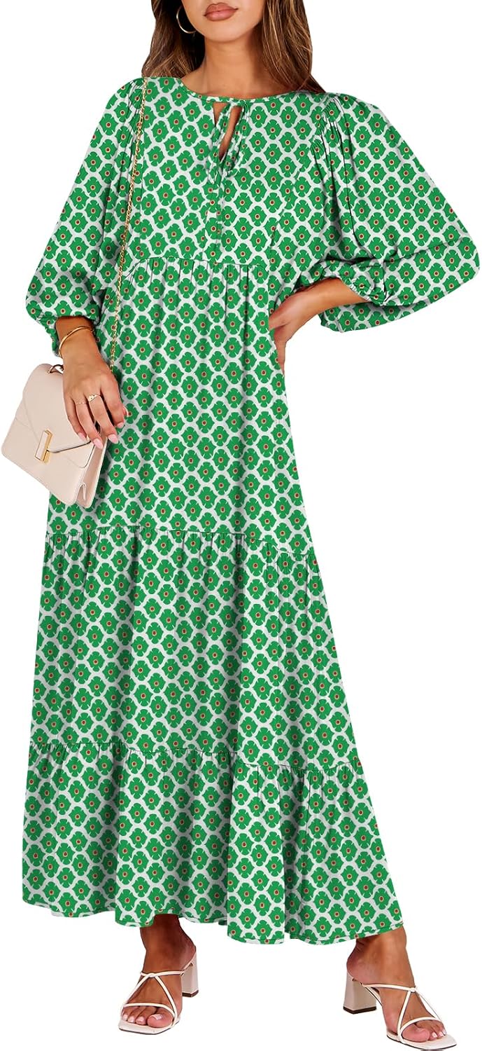 Detalle de ANRABESS Womens Boho Maxi Dress 2026 Summer V Neck Puff Sleeve Floral Flowy Swing Long Dress