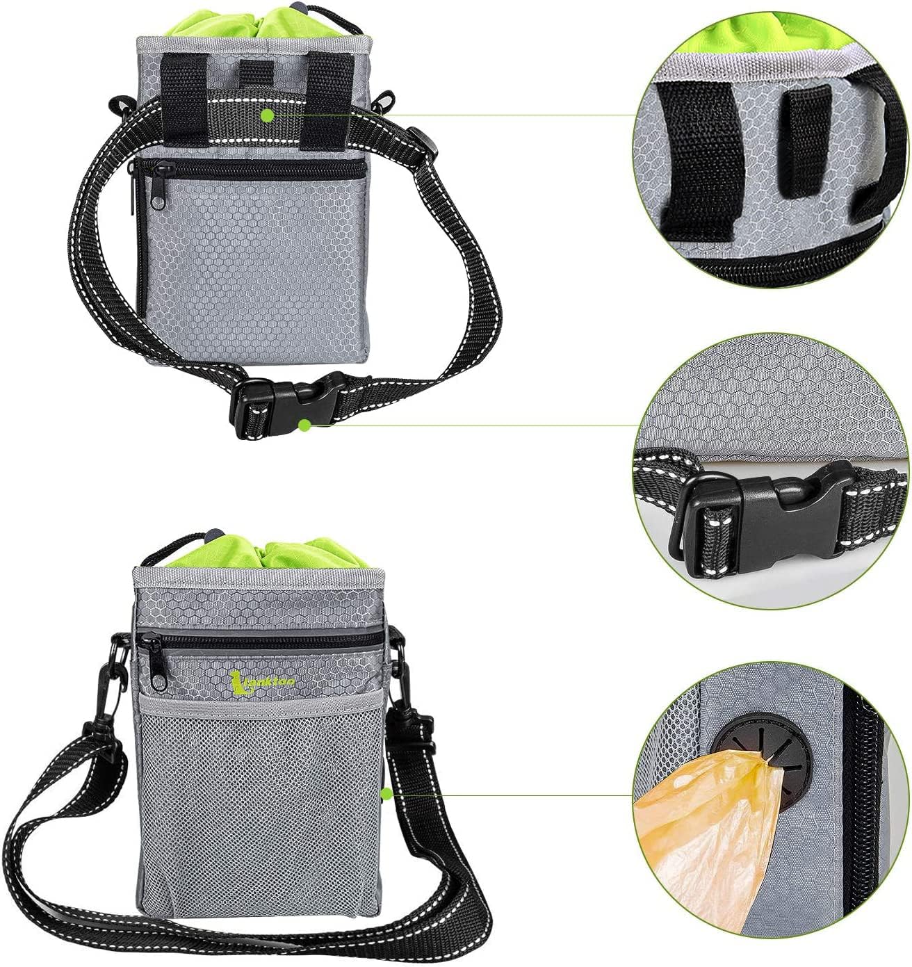 Detalle de Lanktoo Dog Treat Pouch Bag with Poop Bag Holder (Grey+Green) – Waterproof, versatile walking companion