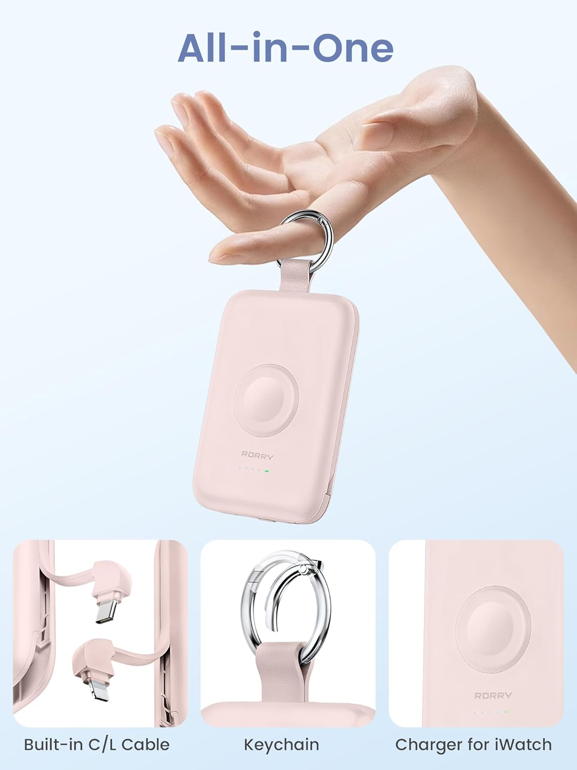 Detalle de RORRY 10000mAh PD 20W Portable Charger with Built-in Cables – Pink
