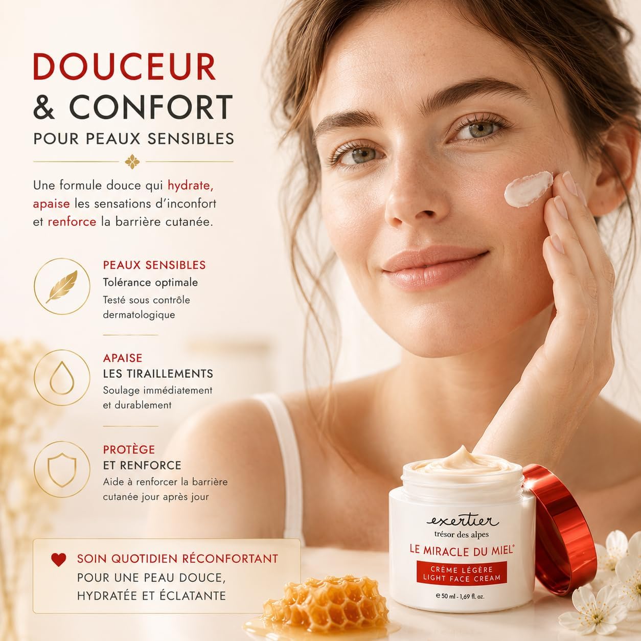 Detalle 2 de Crema Viso Idratante e Lenitiva Anti-Rossore con Acido Ialuronico e Miele delle Alpi – 50 ml