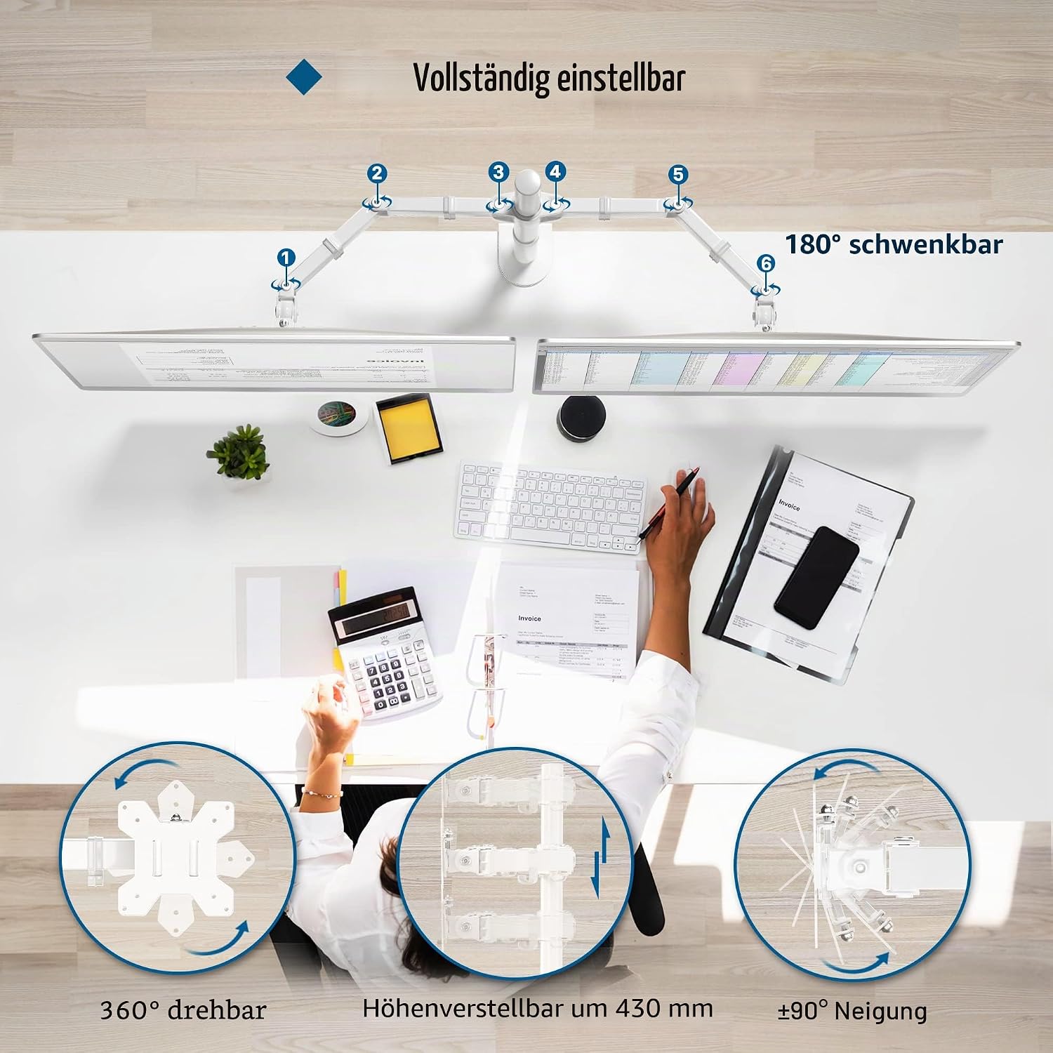 Detalle de BONTEC Monitor-Halterung 2 Monitore für 13–27 Zoll (Stahl, Doppelarm, höhenverstellbar) – VESA 75/100, 10 kg pro Arm, weiß
