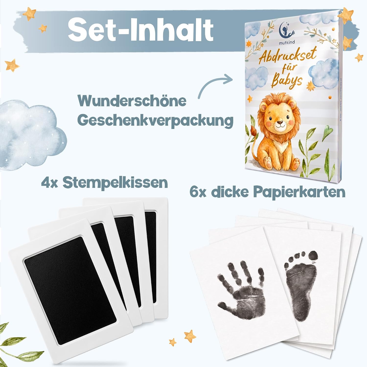 Thumbnail 5 de Mutkind® Baby Abdruckset – Hand- und Fußabdrucke für 0–12 Monate (4x Stempelkissen, 6x Abdruckkarten) – Geschenk zur Geburt