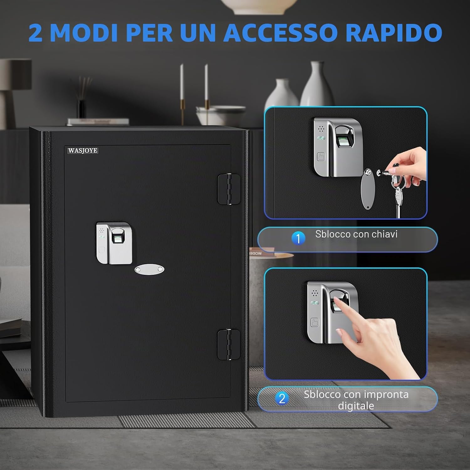 Thumbnail 2 de WASJOYE 57L: Cassaforte Ignifuga con Impronte Digitali e Apertura a Chiave – Sicurezza per Casa, Ufficio e Hotel