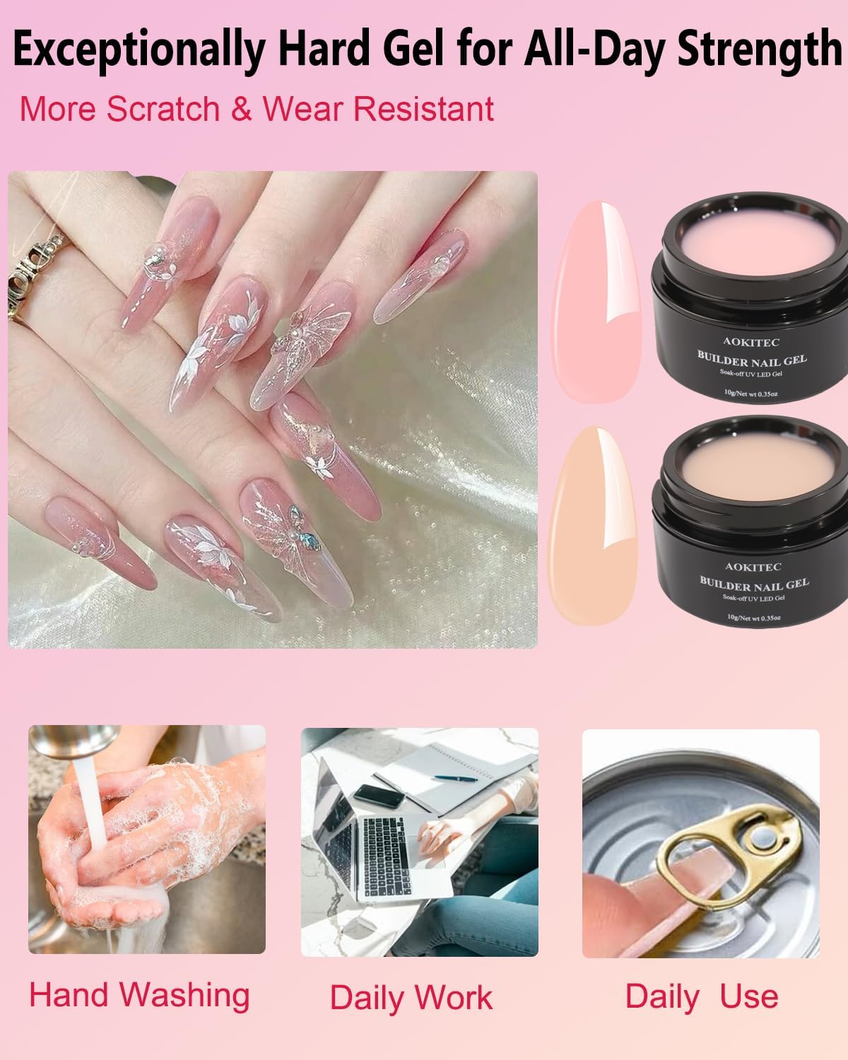 Detalle de Aokitec Pink Nude Builder Hard Gel Kit met nagelvormen en penseel