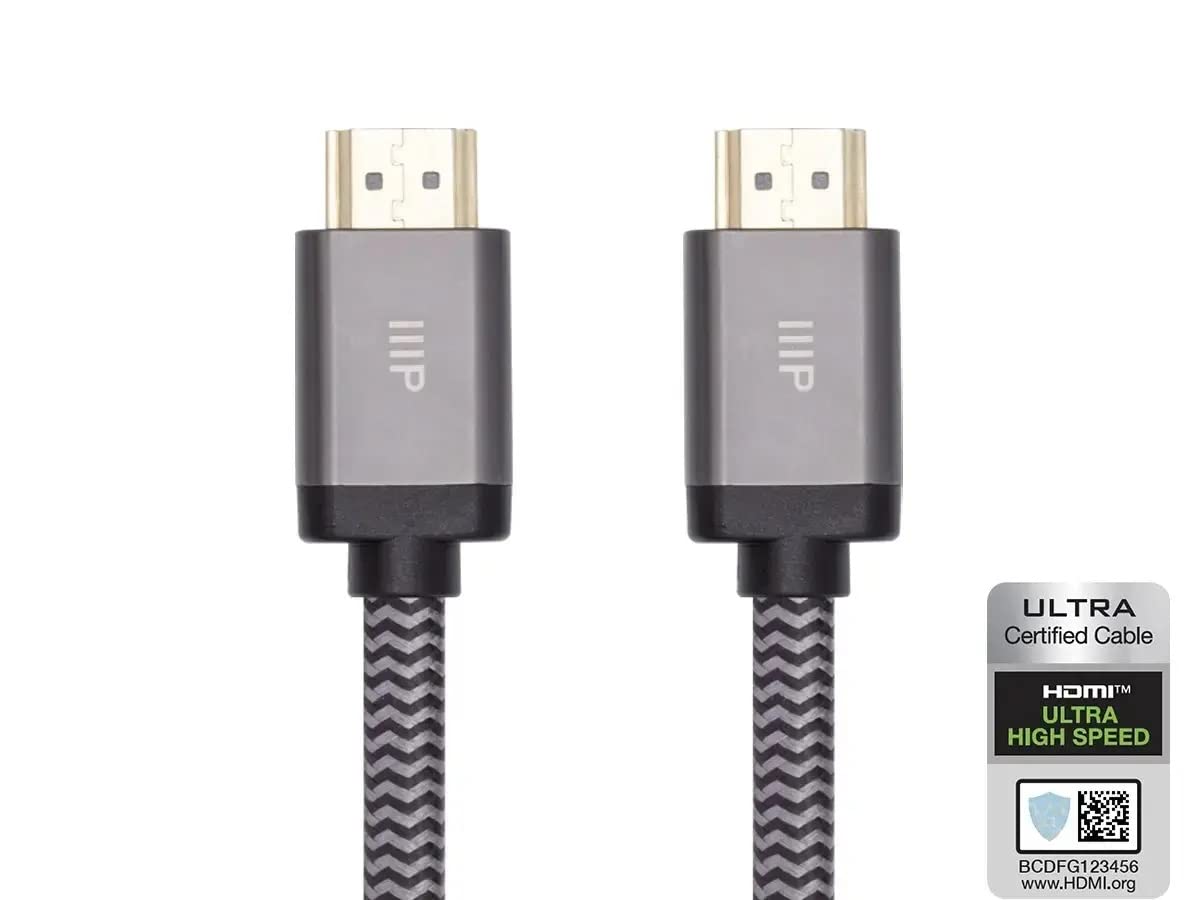 Detalle de Monoprice 8K Certified Ultra High Speed HDMI 2.1 Cable (Braided) — 48Gbps, 8K@60Hz, 4K@120Hz, HDR, eARC, CL2 In-Wall Rated, 25ft (Black)