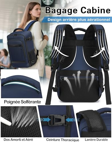 Detalle de KLOSTAIN Bagage Cabine 40x20x25 cm – Sac à dos cabine 20 L, bleu profond