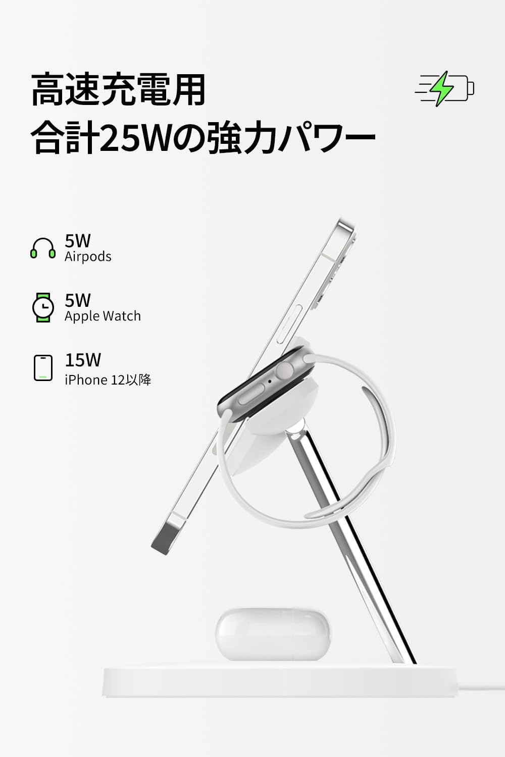 Detalle de Belkin WIZ017dqWH 3-in-1 MagSafeワイヤレス充電器 最大15W・3台同時充電 ホワイト