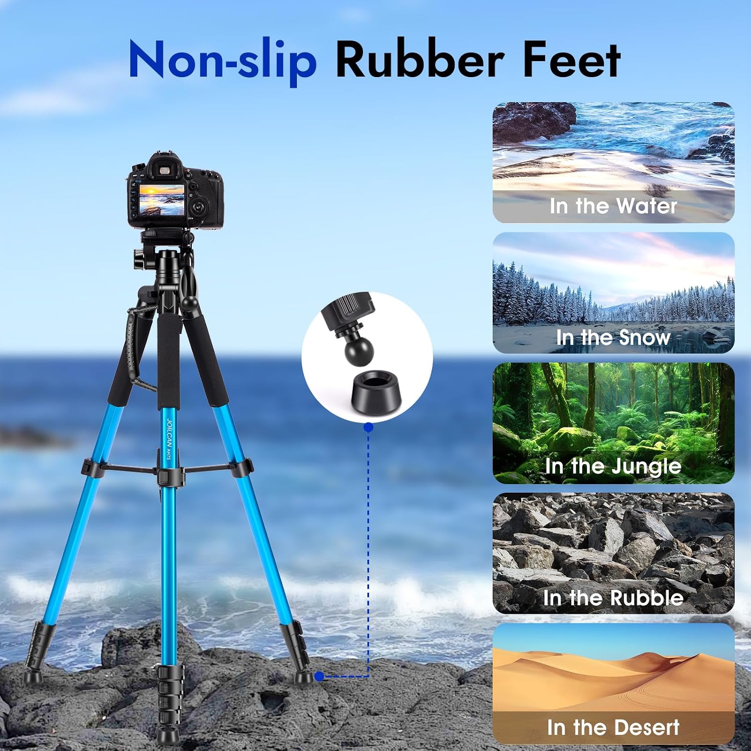 Detalle de JOILCAN 74" Camera Tripod with Detachable Head and Universal Phone Mount – Lightweight Aluminium, Blue