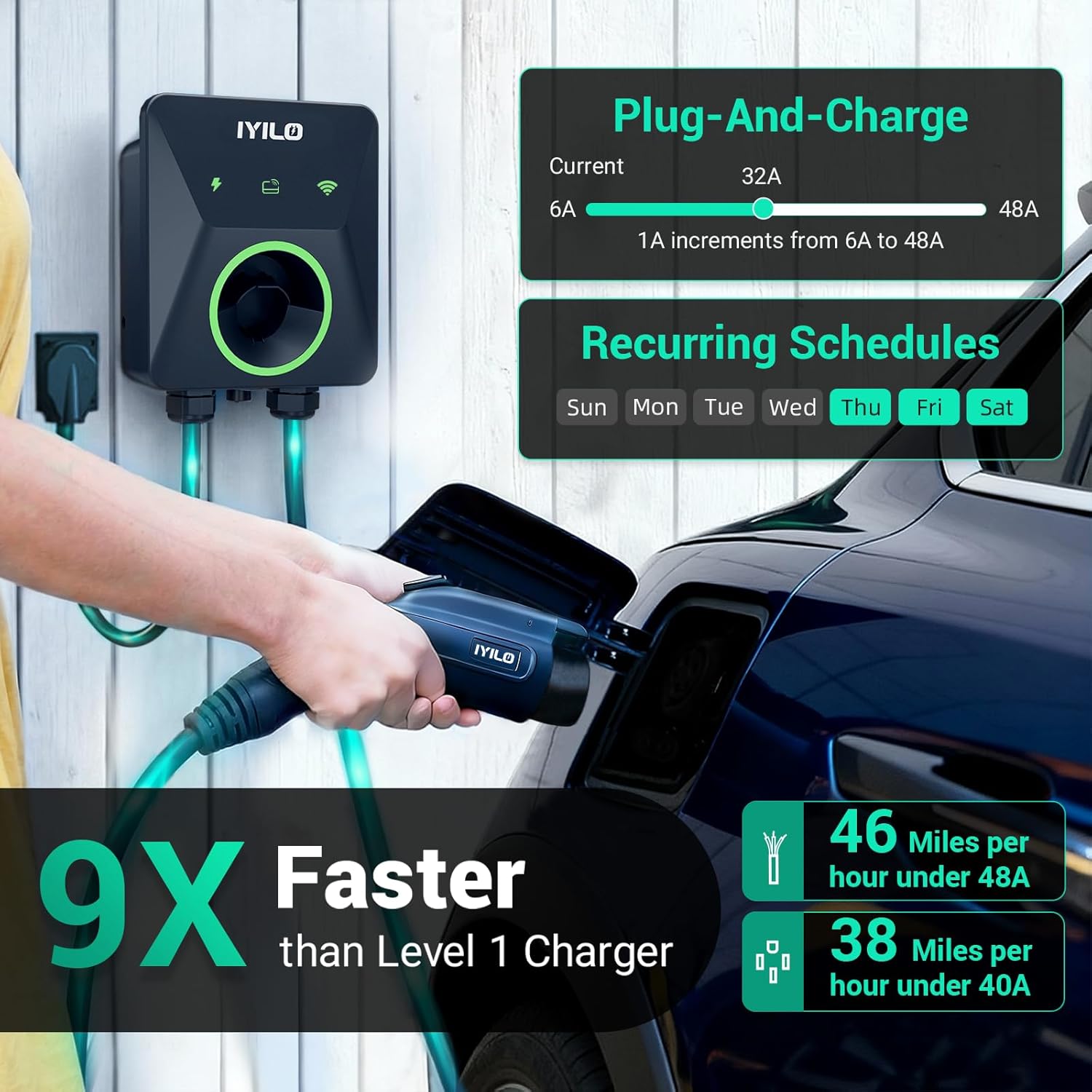 Thumbnail 1 de IYILO Level 2 EV Charger, 40-48A (11.5 kW) with Dual Temp Sensors, Wi‑Fi 2.4 GHz, RFID & App Control