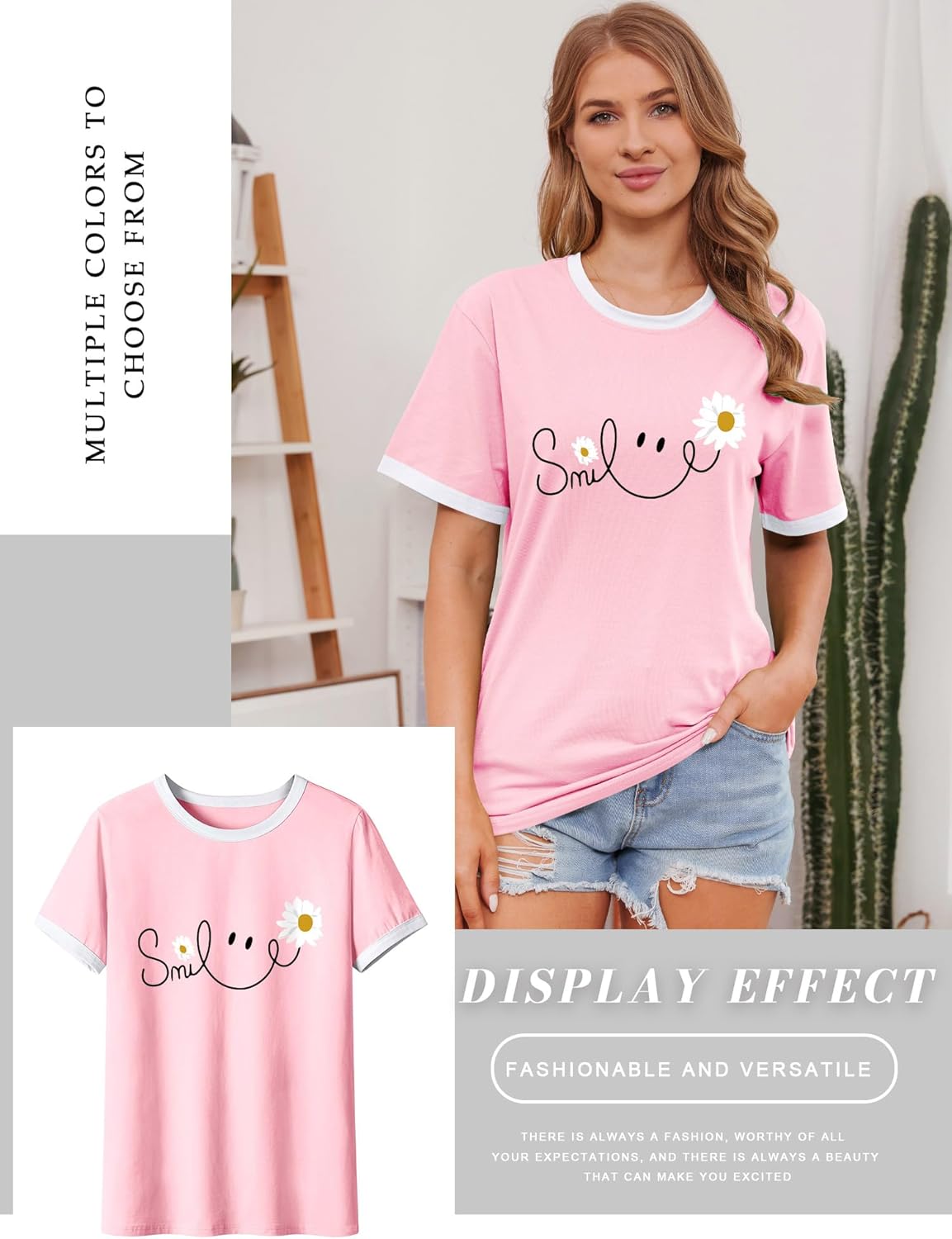 Thumbnail 3 de Yihelian Damen-T-Shirt Daisy Print Kurzarm Rundhals – Sommerlook mit Smile-Print