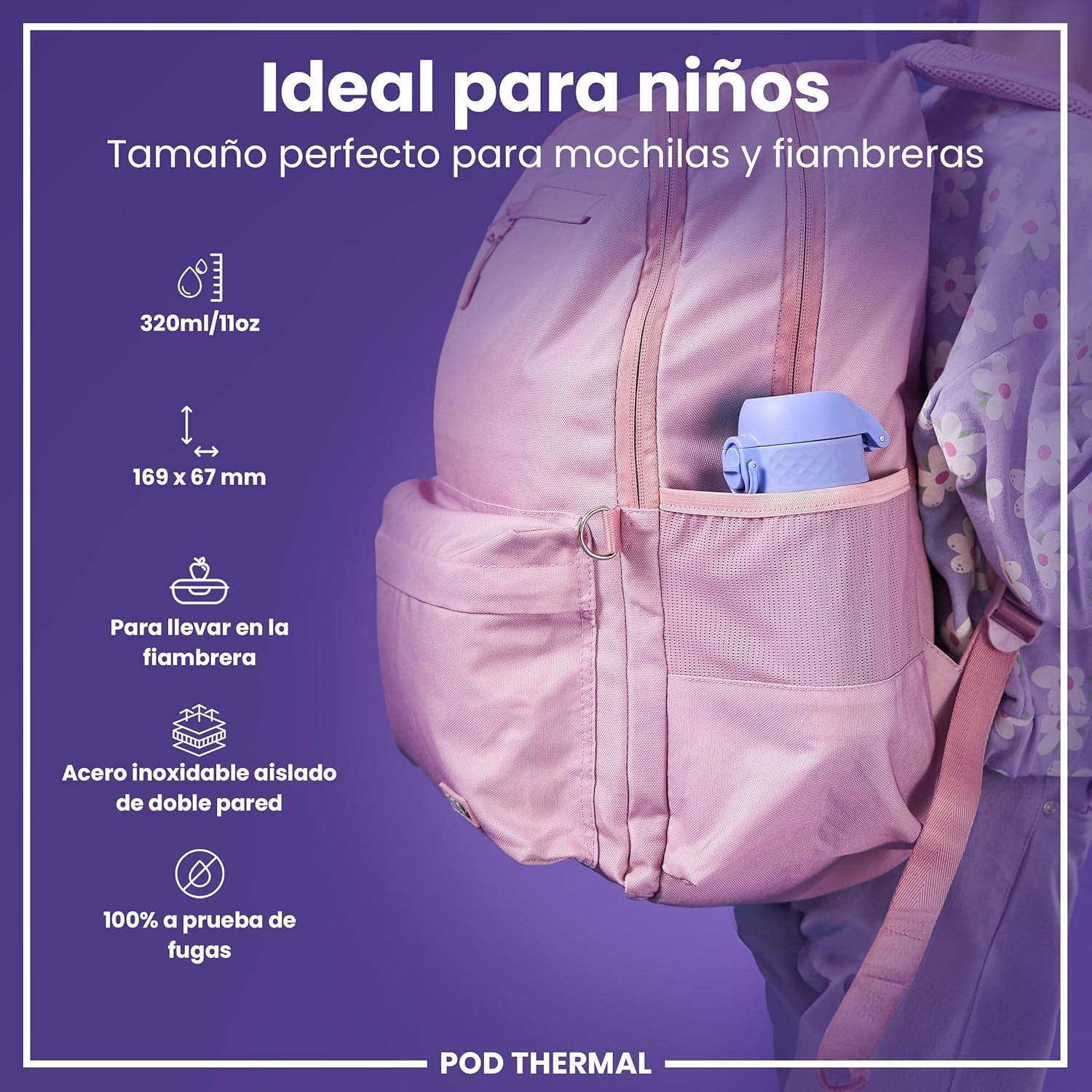Detalle 2 de ION8 Botella Térmica Agua Niños 🧊, 320ml, Sin Fugas, Fácil Abrir