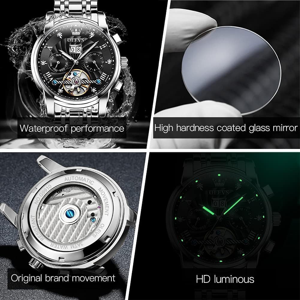 Thumbnail 4 de OUPINKE Herrenuhr Automatik Skelett Tourbillon mit Diamanten, Wasserdicht (bis 30 m) & Leuchtzeigern