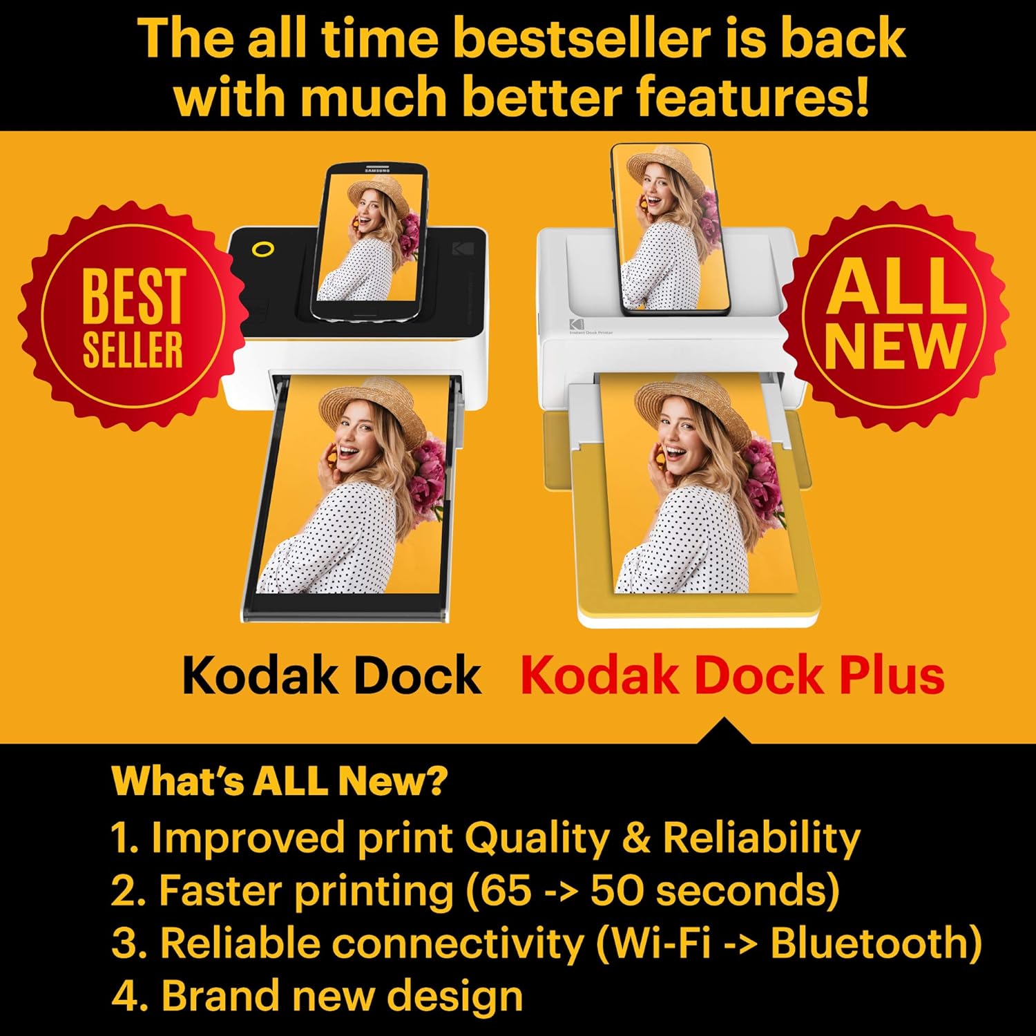 Detalle de KODAK PD460 – Imprimante photo 10x15 cm, Bluetooth et Docking, Blanc & Jaune